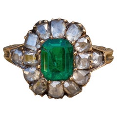 French 19th Century 18K Gold Diamond and Emerald Cluster Ring