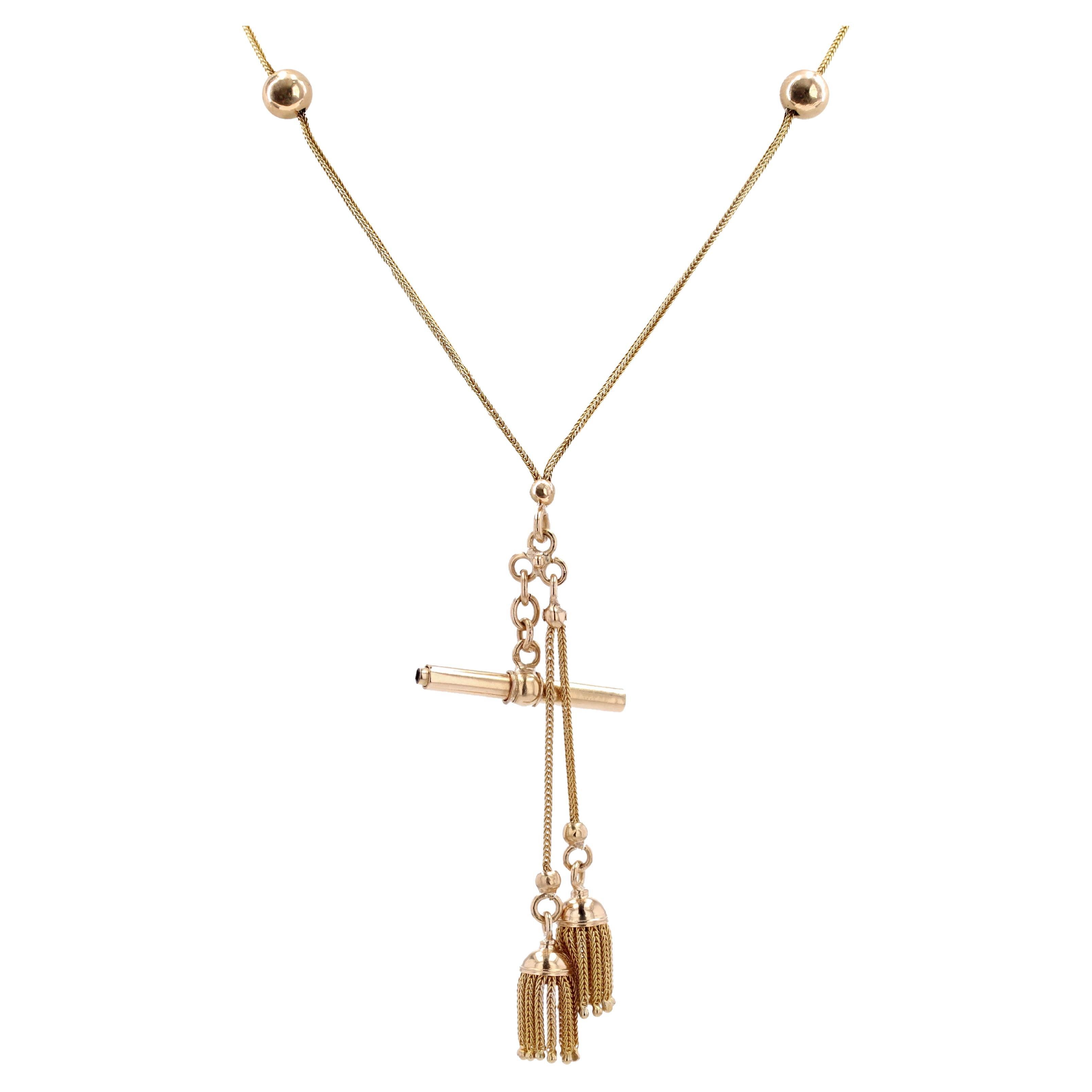 French 19th Century 18k Yellow Gold Pompom Key Watch Chain Necklace