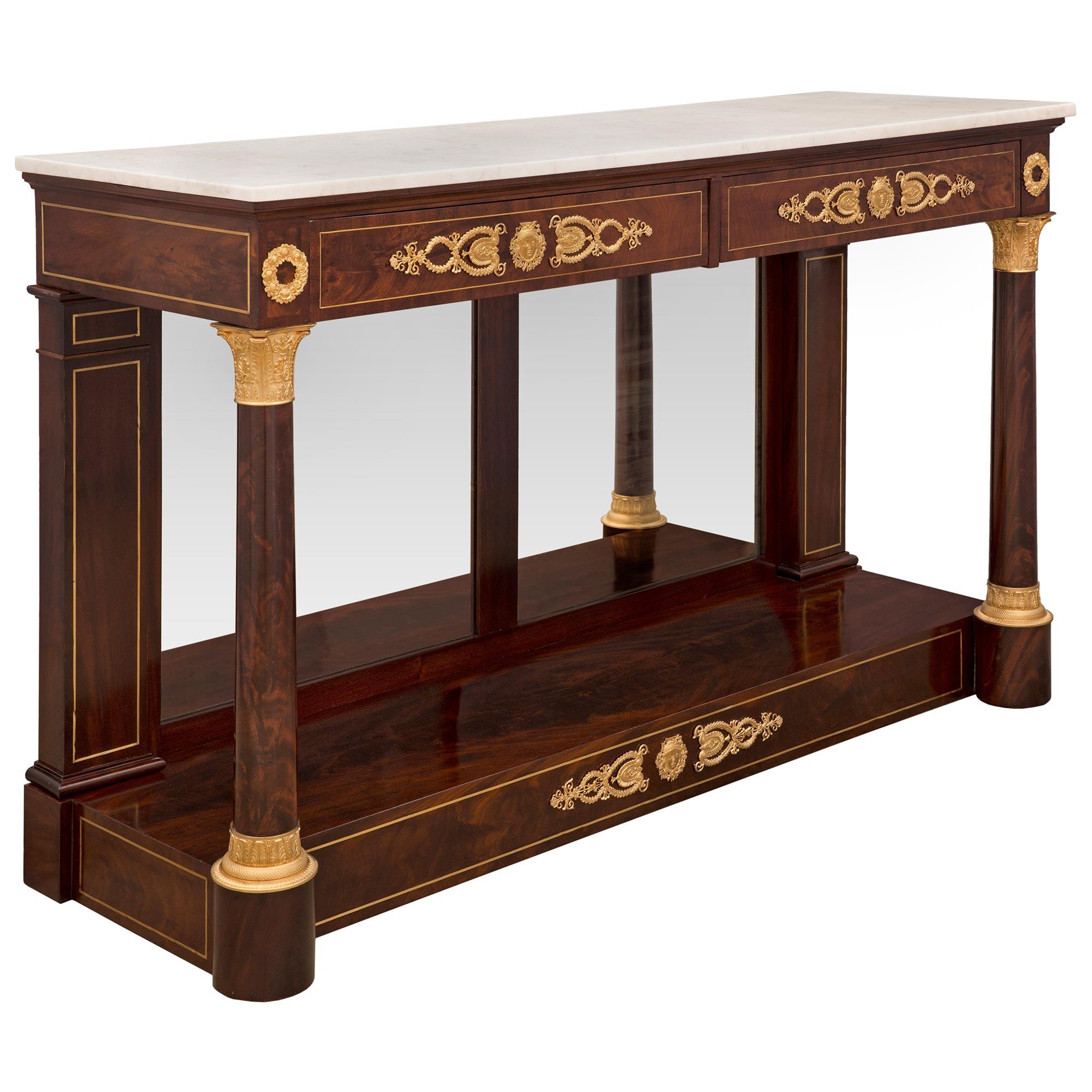 Brass French 19th Century 1st Empire Period Mahogany, Marble, and Ormolu Console For Sale