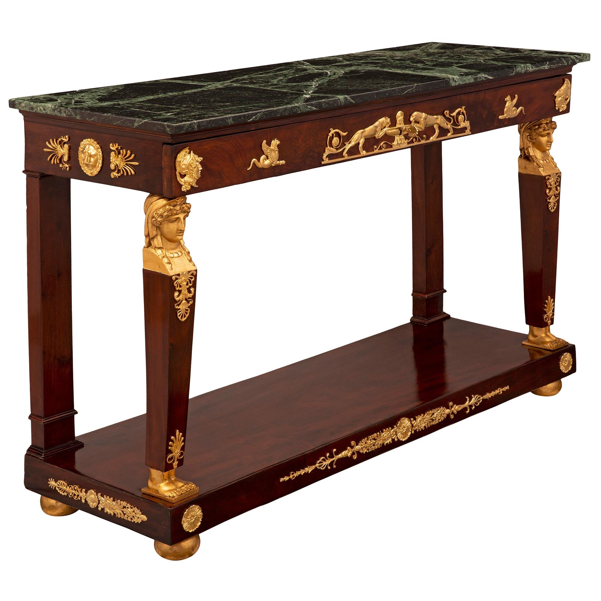 French 19th Century 1st Empire Period Mahogany, Ormolu, and Marble Console In Good Condition For Sale In West Palm Beach, FL