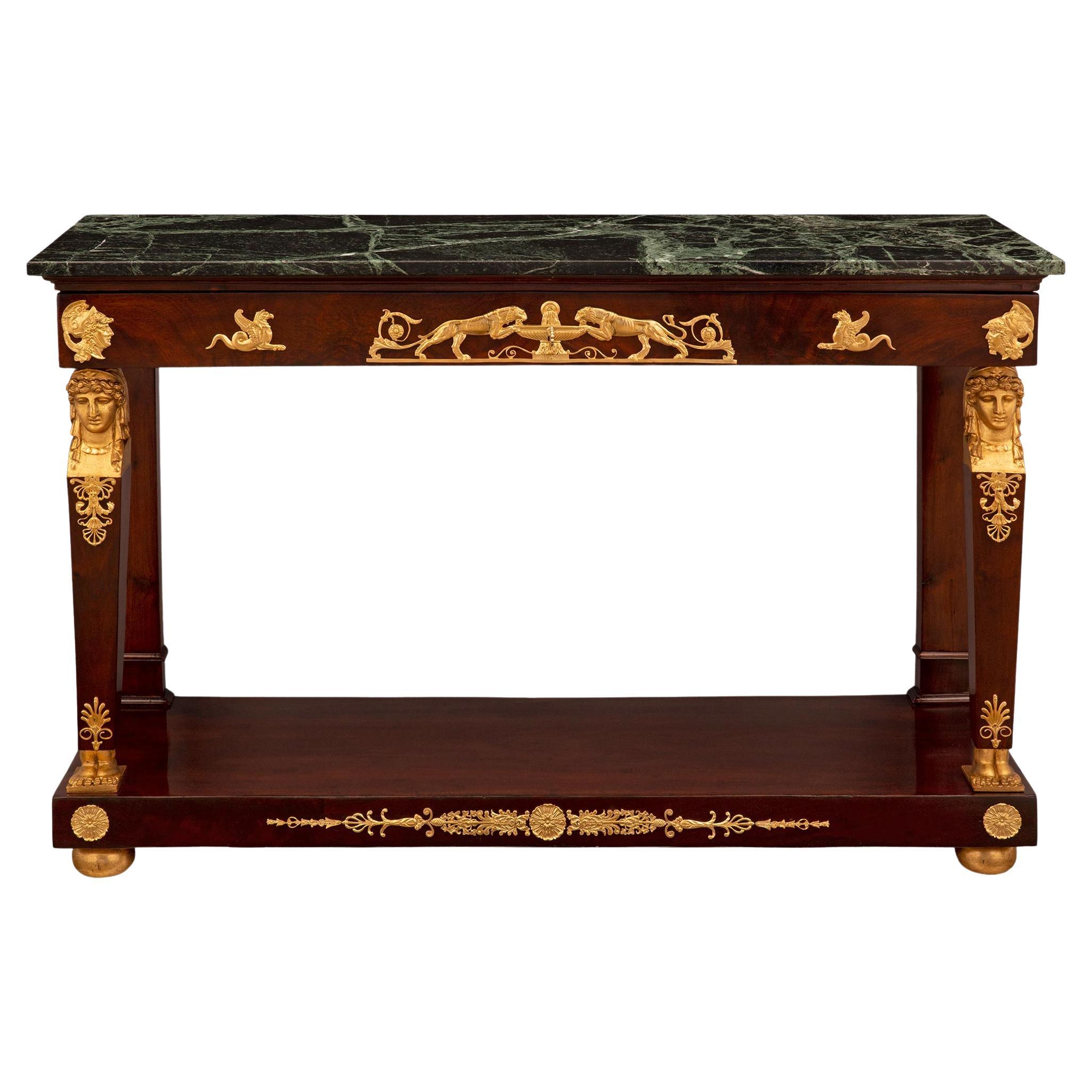 Console française du 19ème siècle d'époque 1er Empire en acajou, bronze doré et marbre en vente