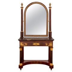 Table de toilette française du 19ème siècle d'époque 1er Empire en bronze doré, acajou et marbre