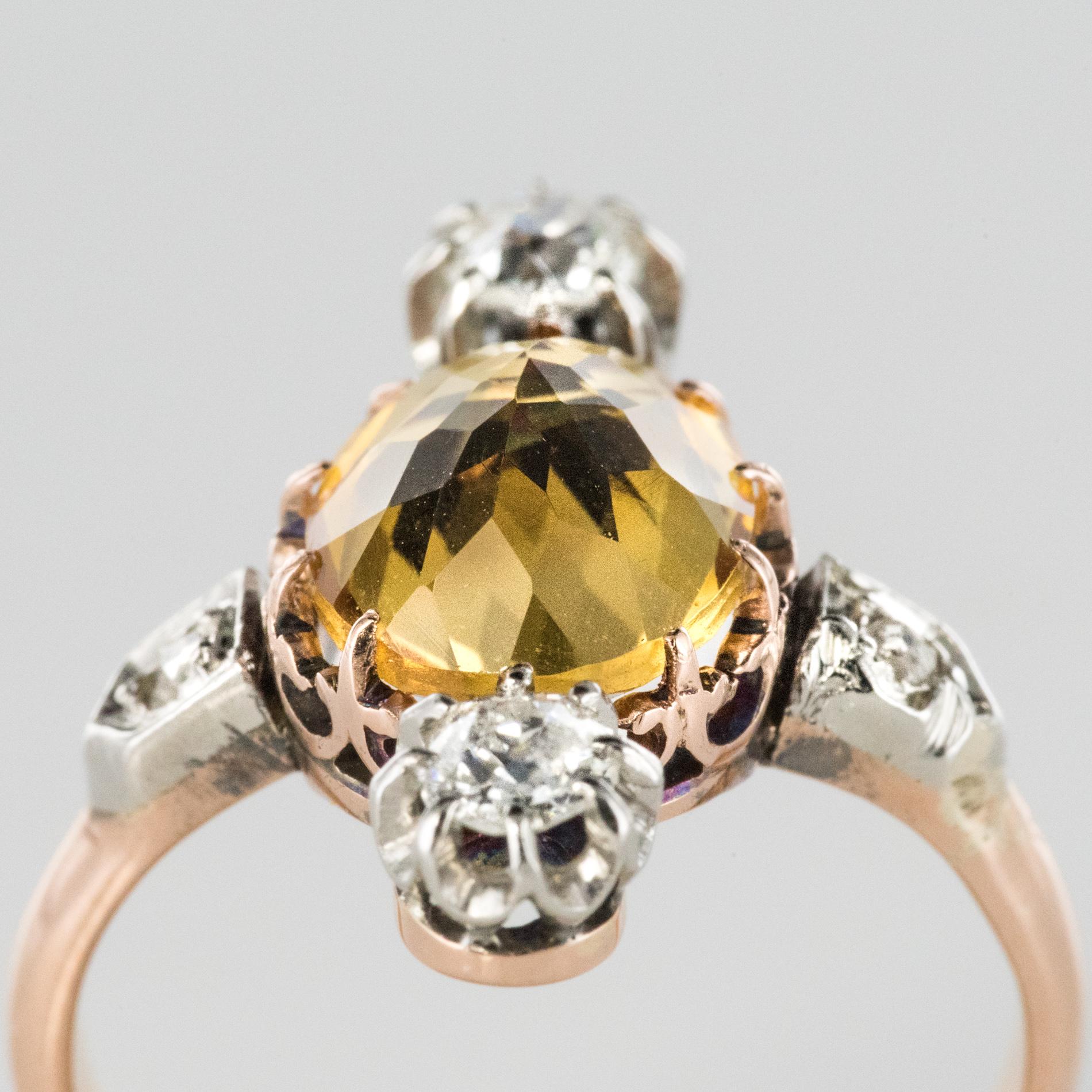 French 19th Century 2.40 Carat Citrine 18 Karat Rose Gold Diamonds Ring 5