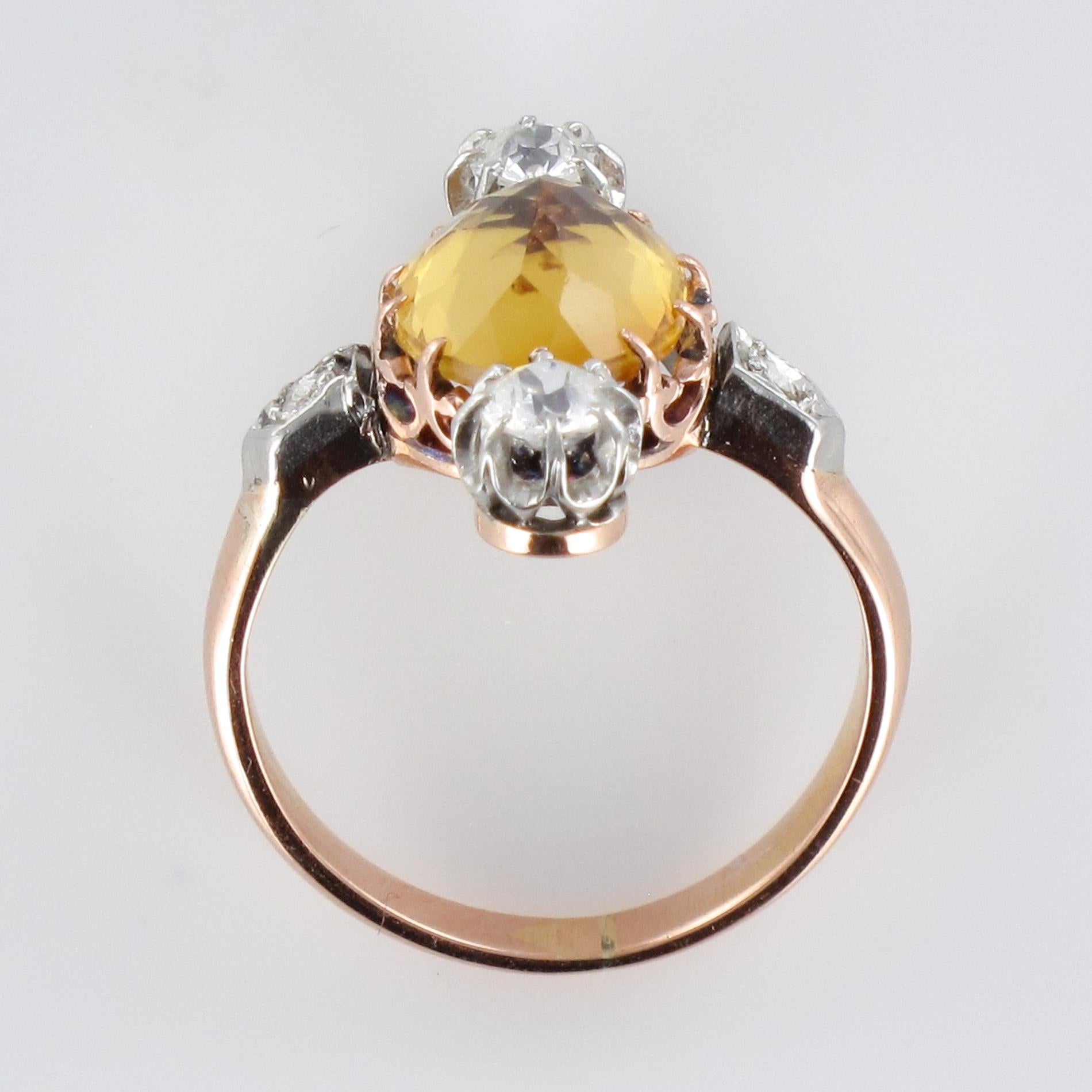 French 19th Century 2.40 Carat Citrine 18 Karat Rose Gold Diamonds Ring 7