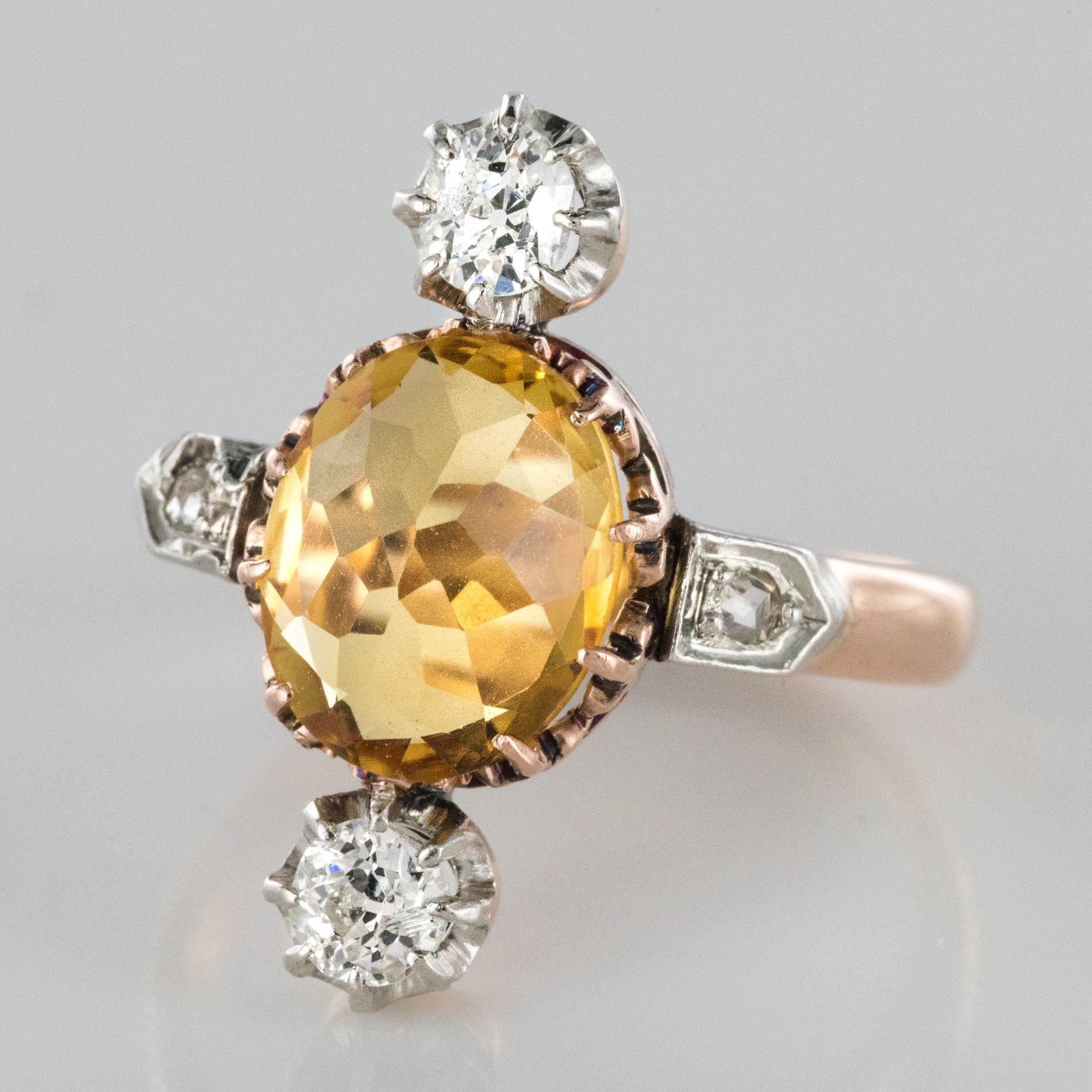 Napoleon III French 19th Century 2.40 Carat Citrine 18 Karat Rose Gold Diamonds Ring