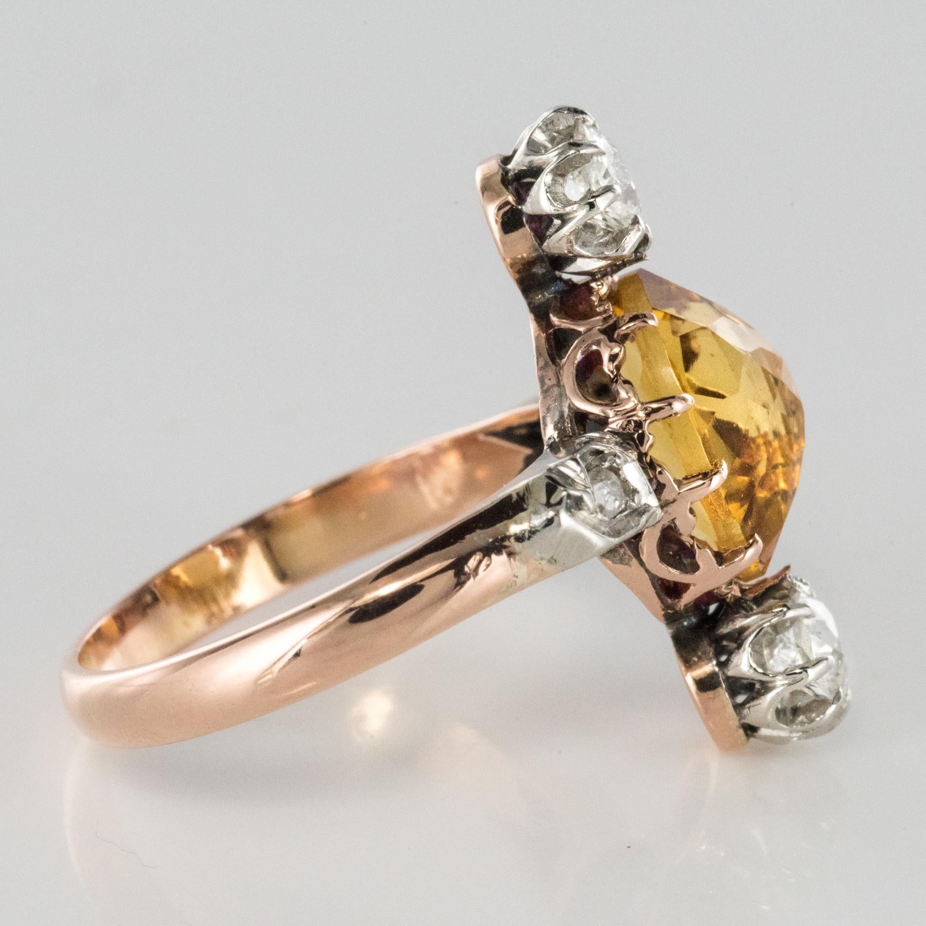 French 19th Century 2.40 Carat Citrine 18 Karat Rose Gold Diamonds Ring 2