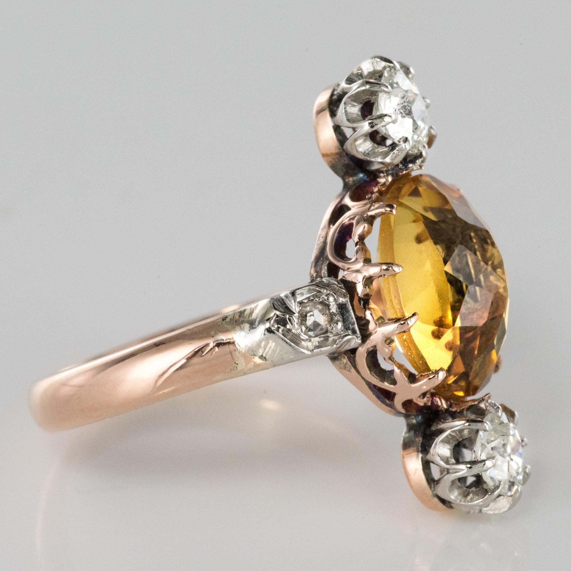 French 19th Century 2.40 Carat Citrine 18 Karat Rose Gold Diamonds Ring 3