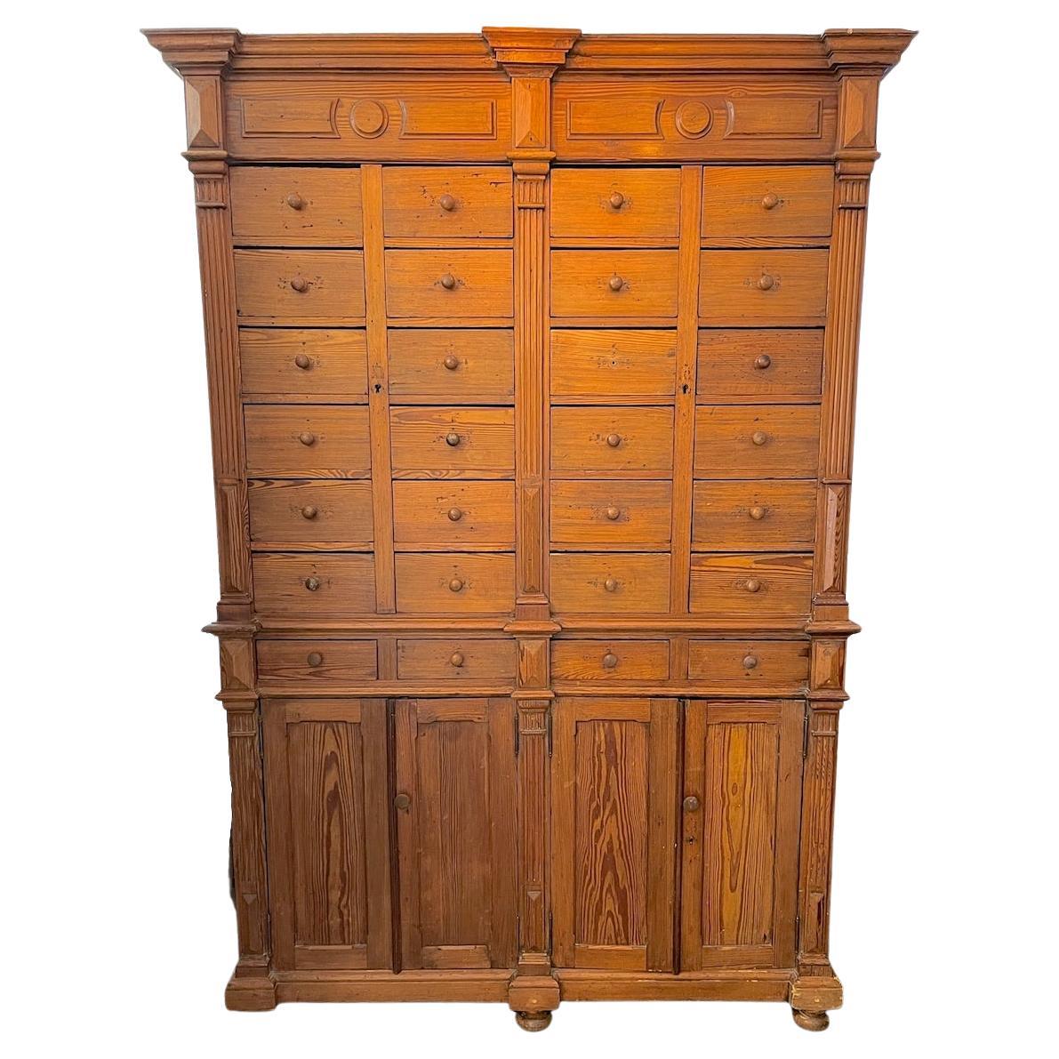French 19th Century 28 Drawer Oak Apothecary Cabinet with 2 Lower Door Cabinets For Sale