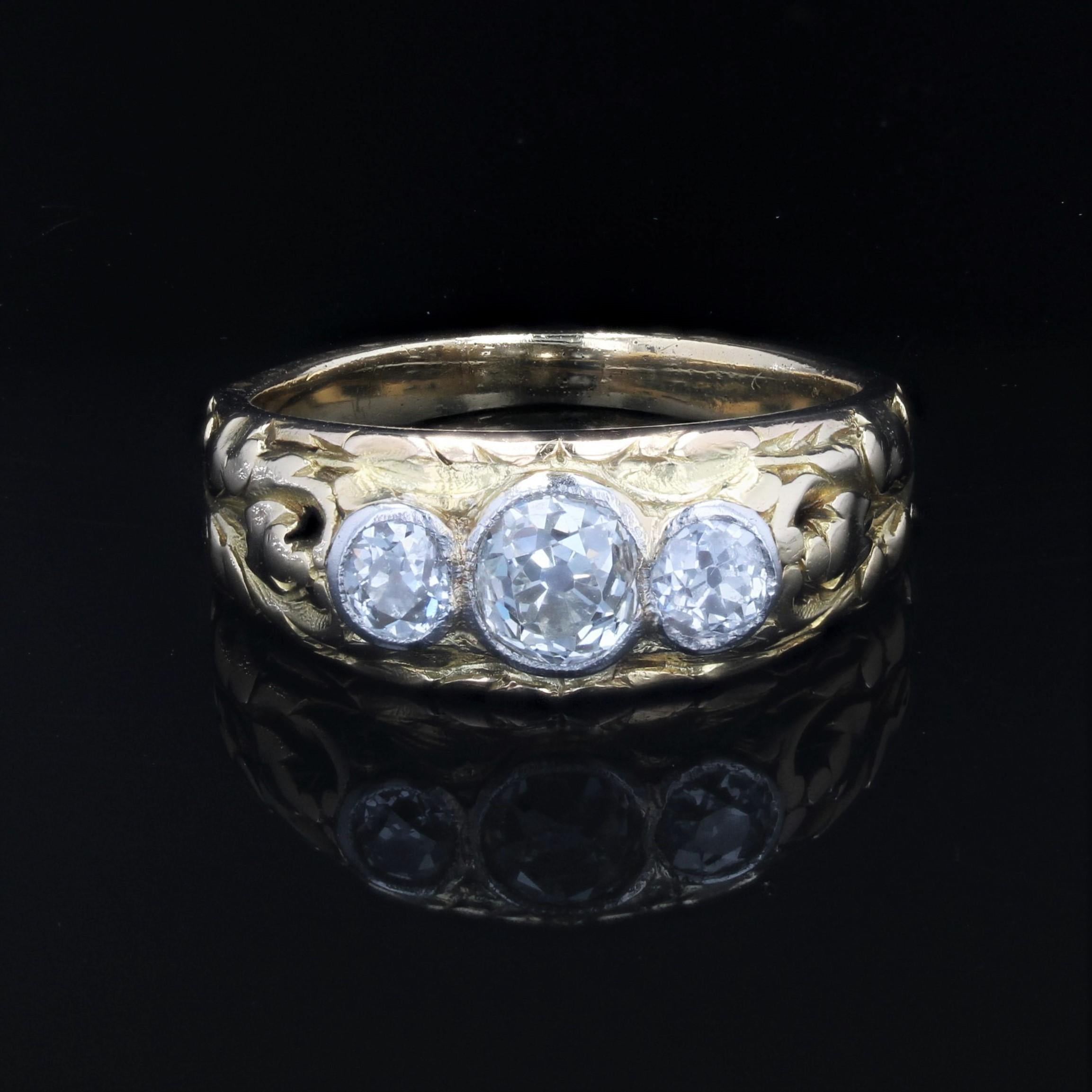 Napoleon III French 19th Century 3 Diamonds 18 Karat Yellow Gold Bangle Ring For Sale