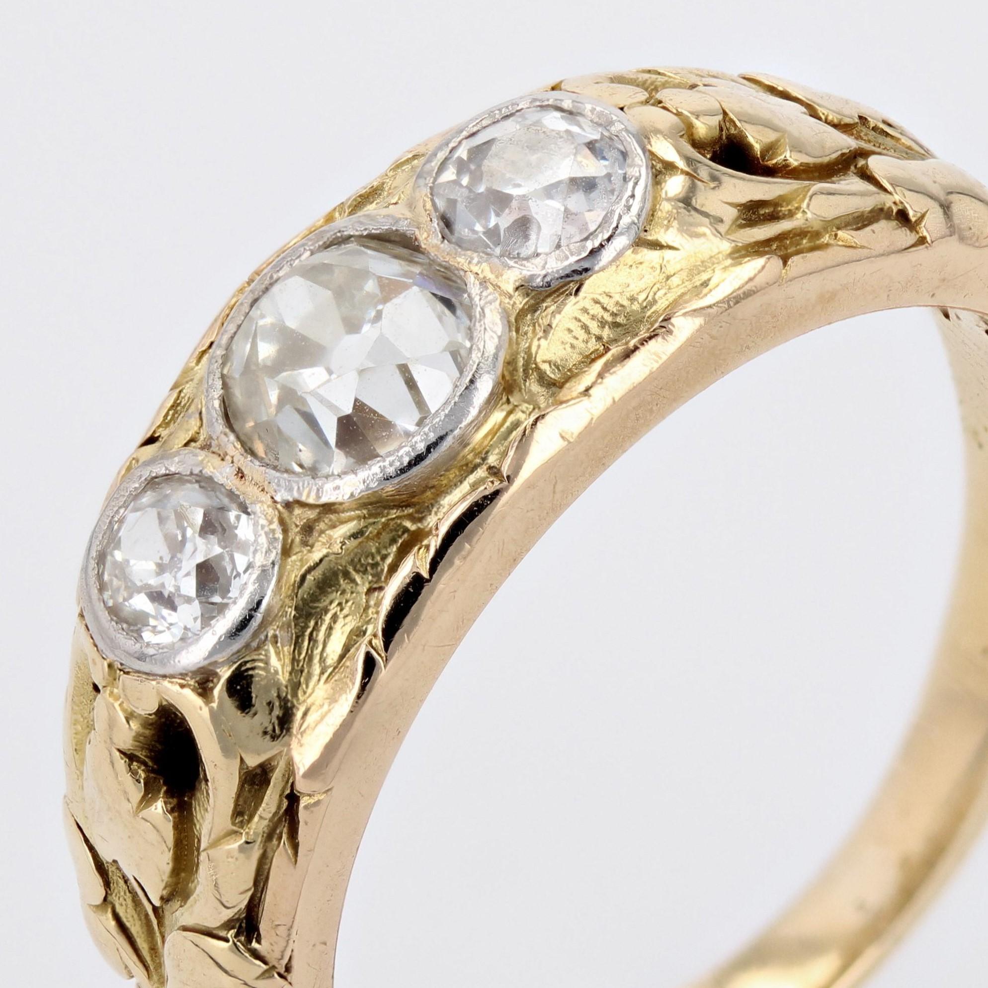 French 19th Century 3 Diamonds 18 Karat Yellow Gold Bangle Ring For Sale 2
