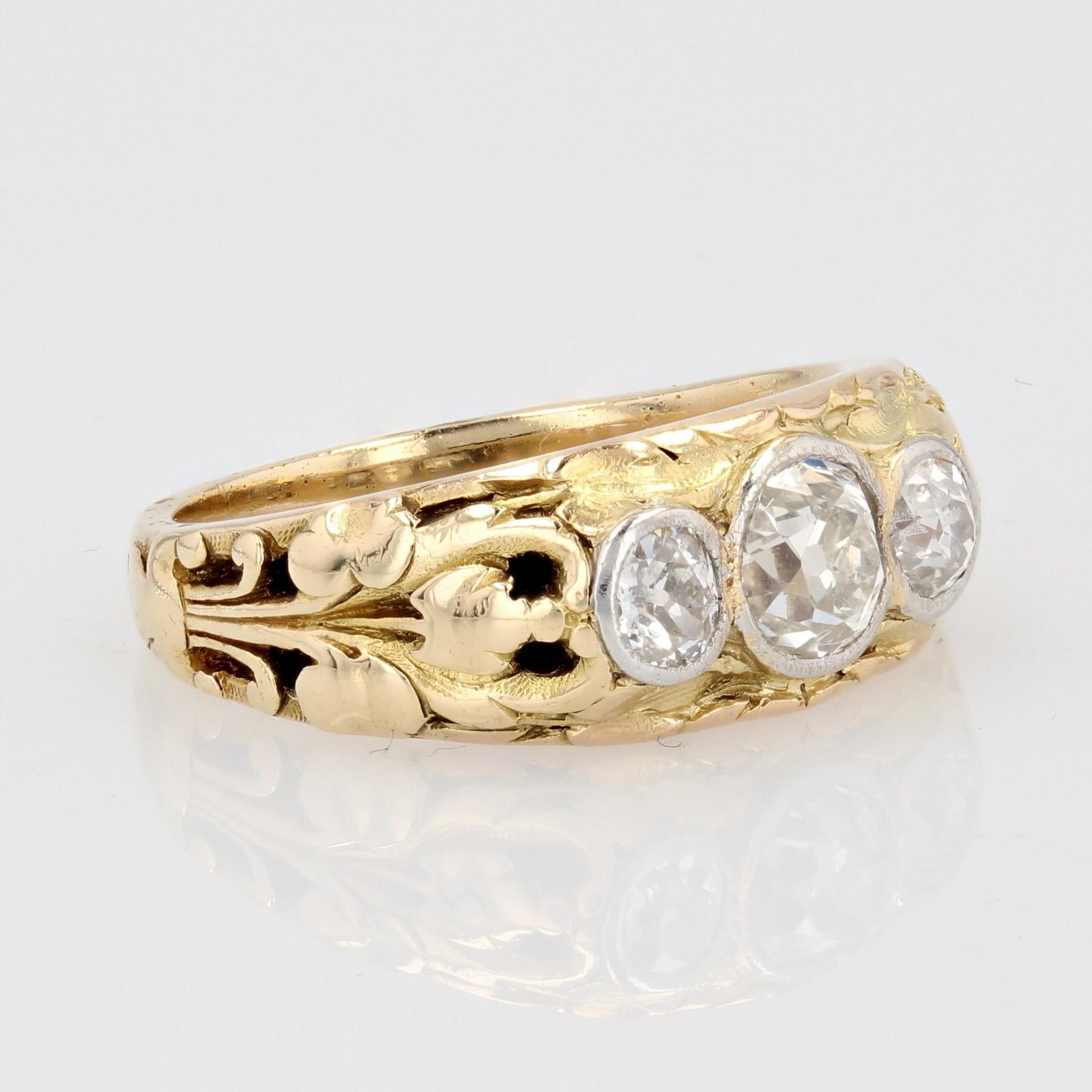 French 19th Century 3 Diamonds 18 Karat Yellow Gold Bangle Ring For Sale 3