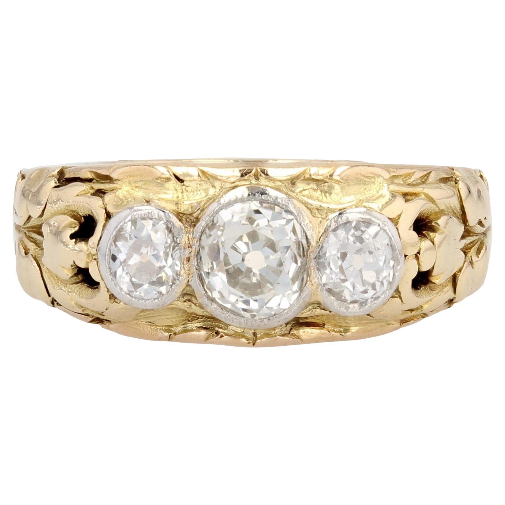 French 19th Century 3 Diamonds 18 Karat Yellow Gold Bangle Ring For Sale