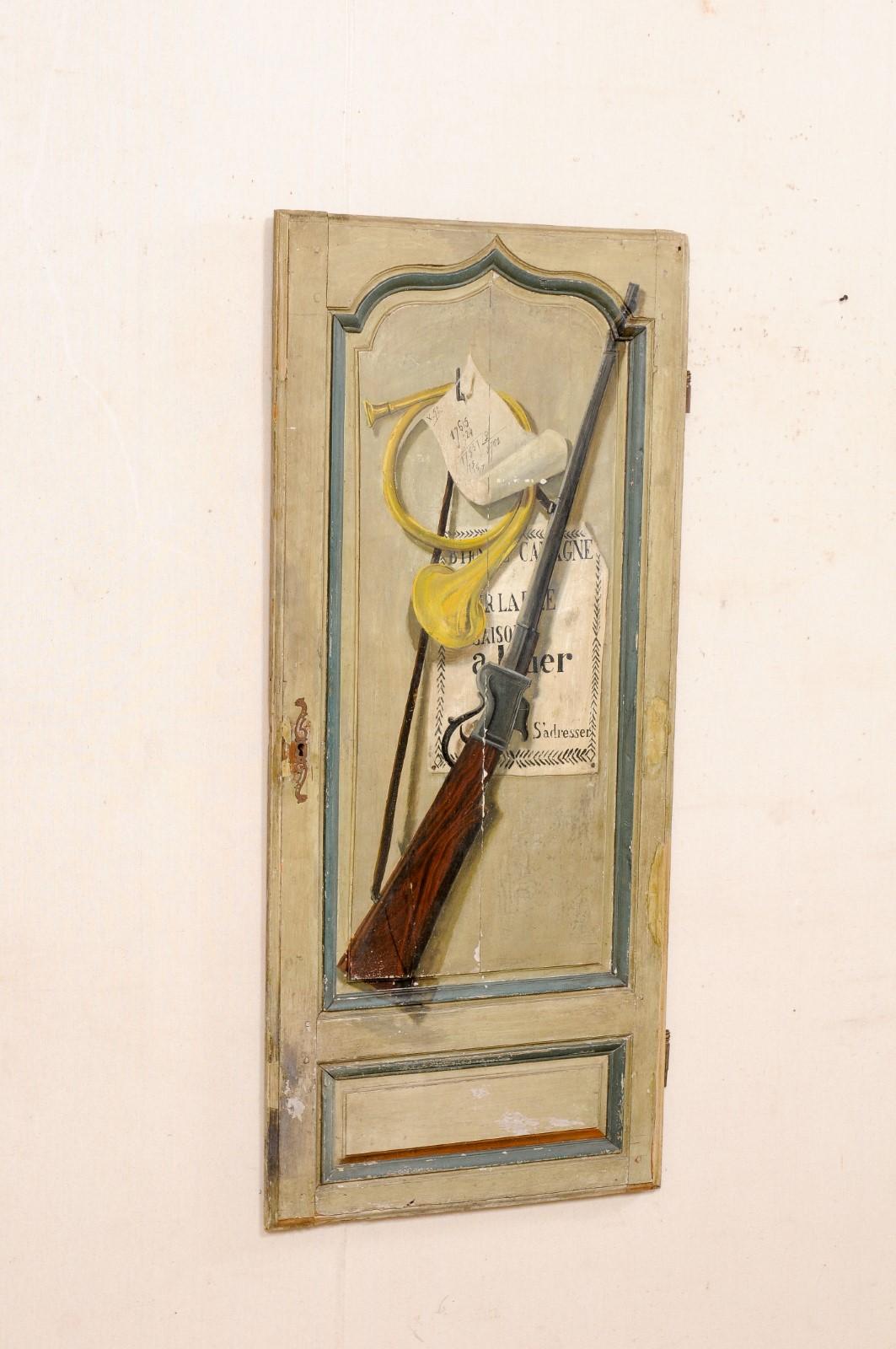 French, 19th Century, Trompe L'oeil Door, Painted in Hunting Motif In Good Condition For Sale In Atlanta, GA