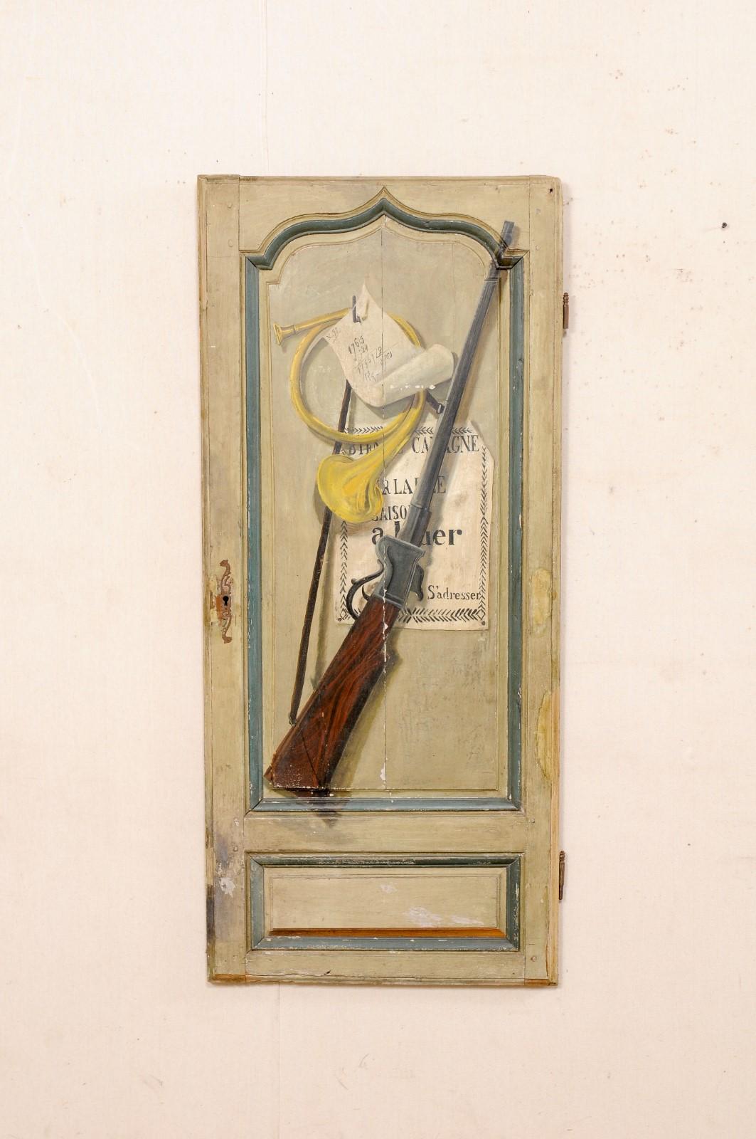 Wood French, 19th Century, Trompe L'oeil Door, Painted in Hunting Motif For Sale