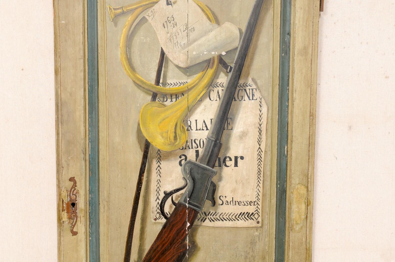 Français, 19ème siècle, Porte en trompe l''oeil, peinte en motif de chasse. en vente 1