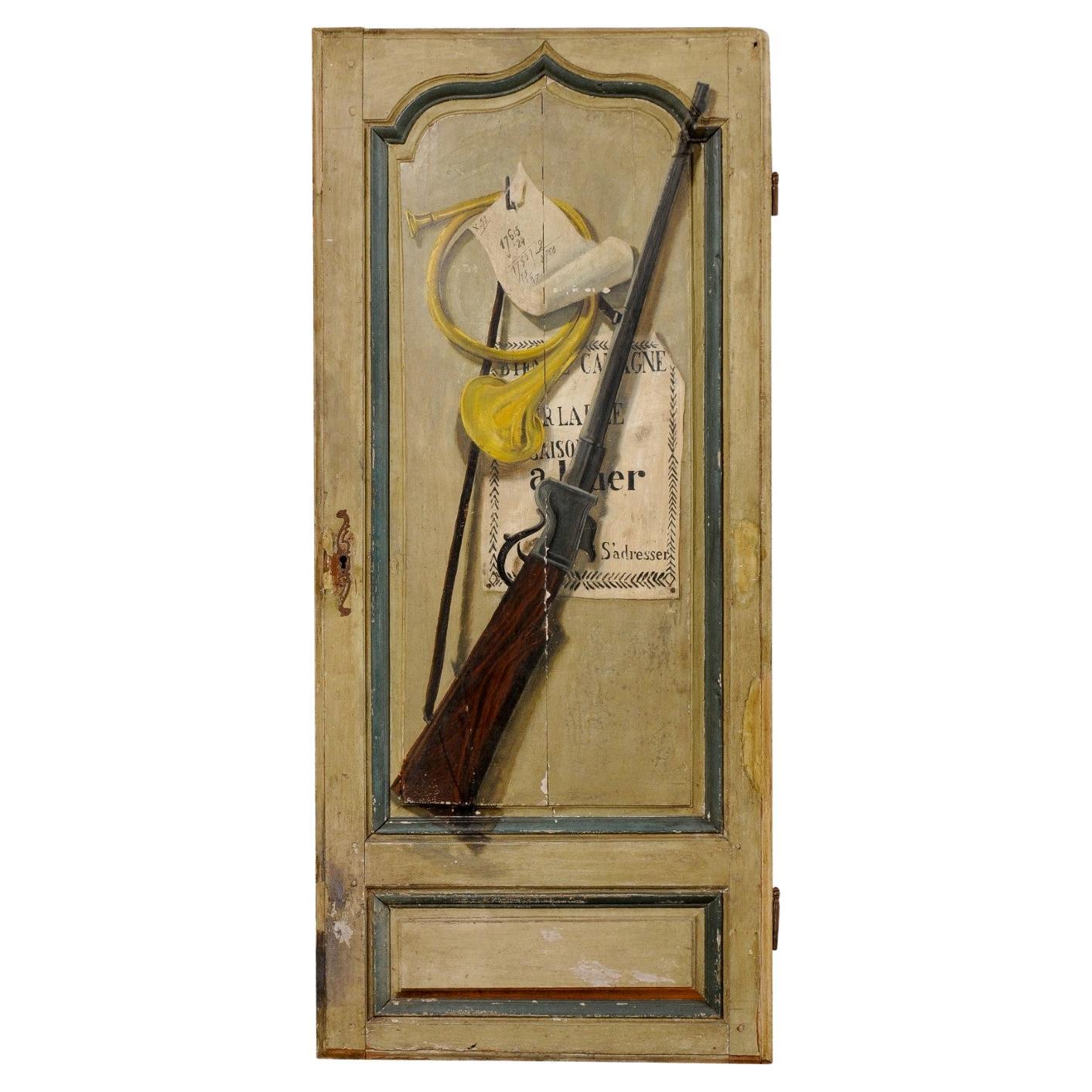 French, 19th Century, Trompe L'oeil Door, Painted in Hunting Motif