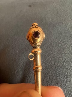 French 19th Century 9k Gold Engraved Pocket Watch Key Fob Pendant and Rubies