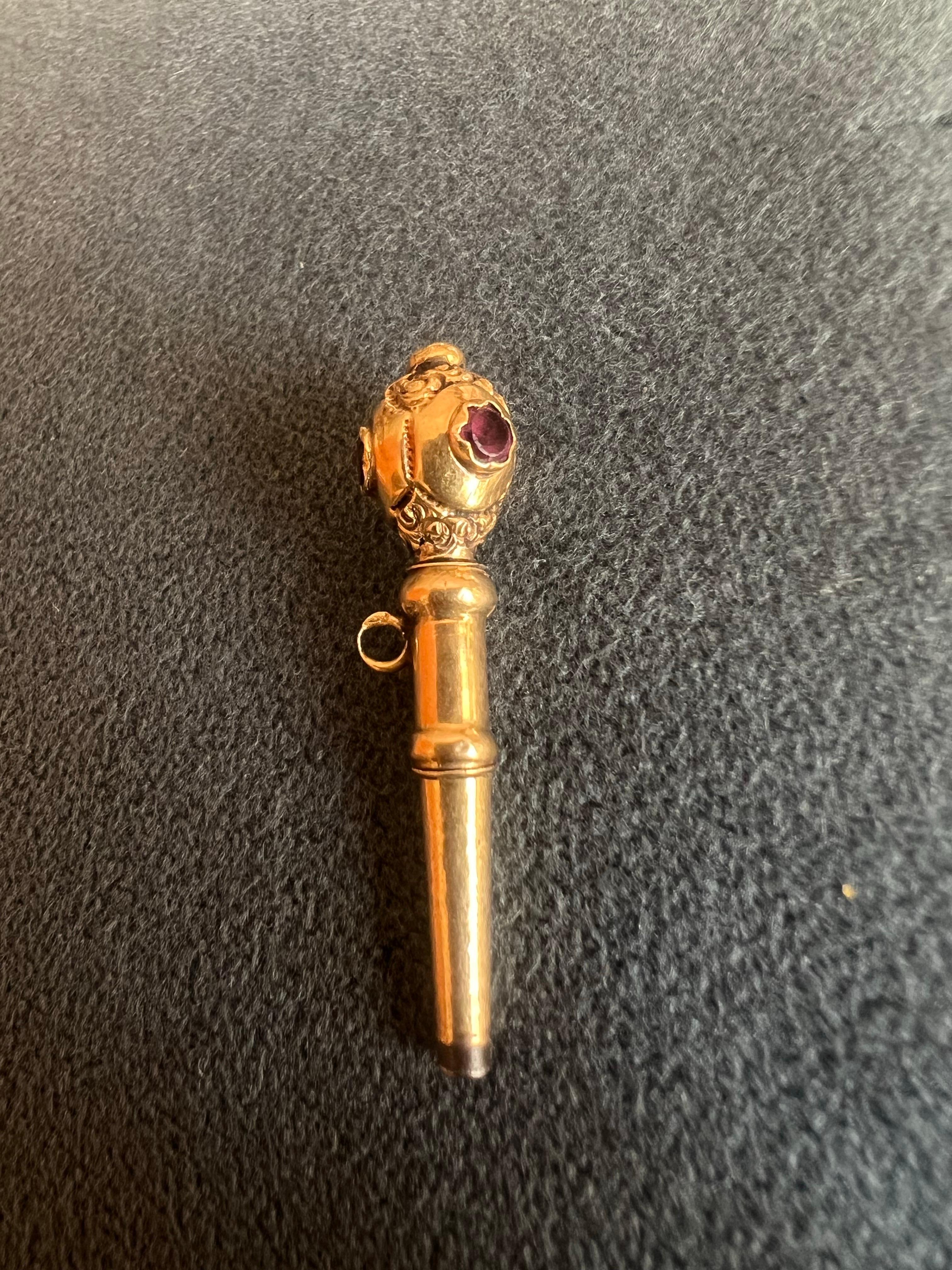 French 19th Century 9k Gold Engraved Pocket Watch Key Fob Pendant and Rubies In Good Condition For Sale In Sofia, BG