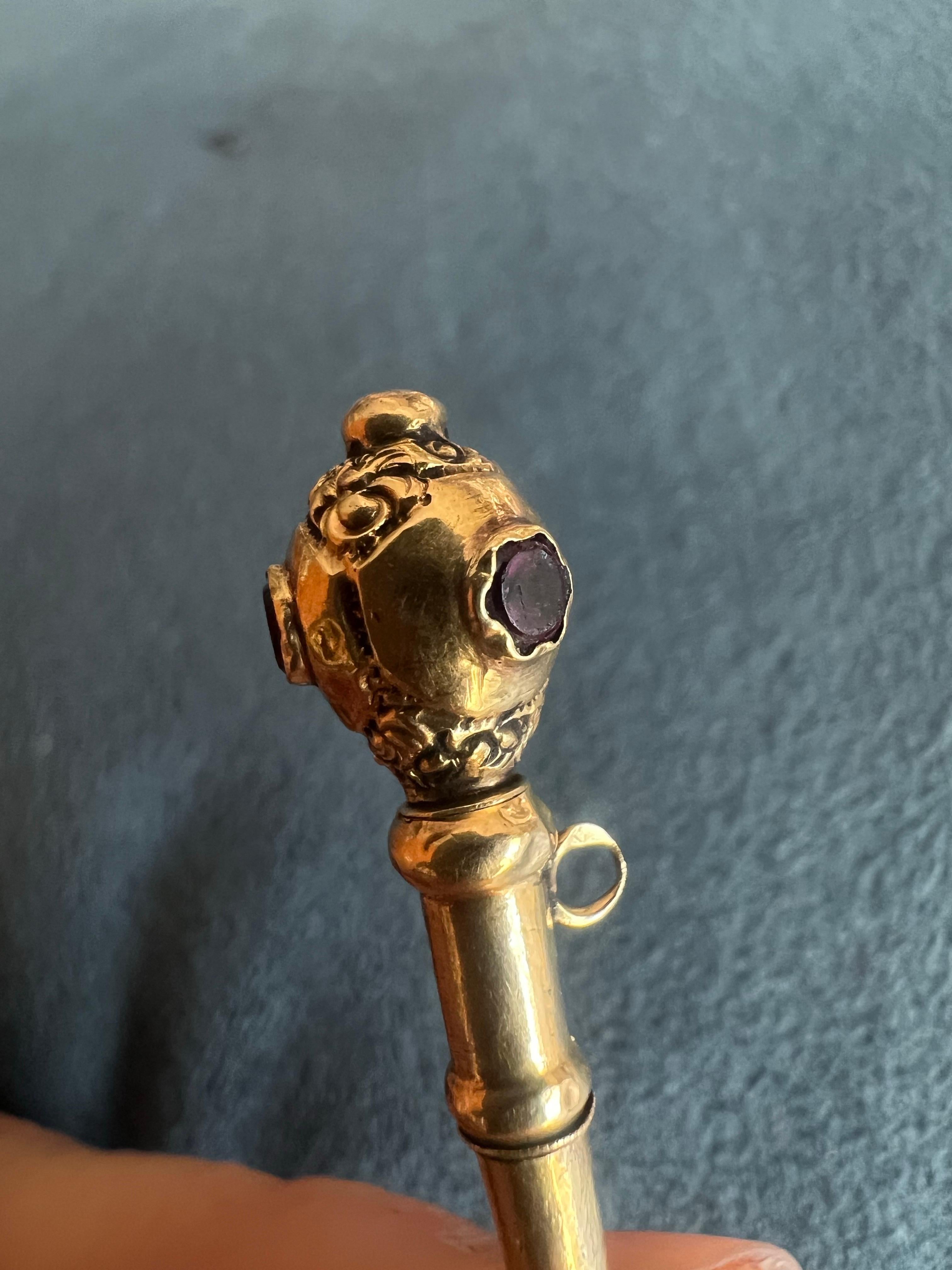 French 19th Century 9k Gold Engraved Pocket Watch Key Fob Pendant and Rubies For Sale 2