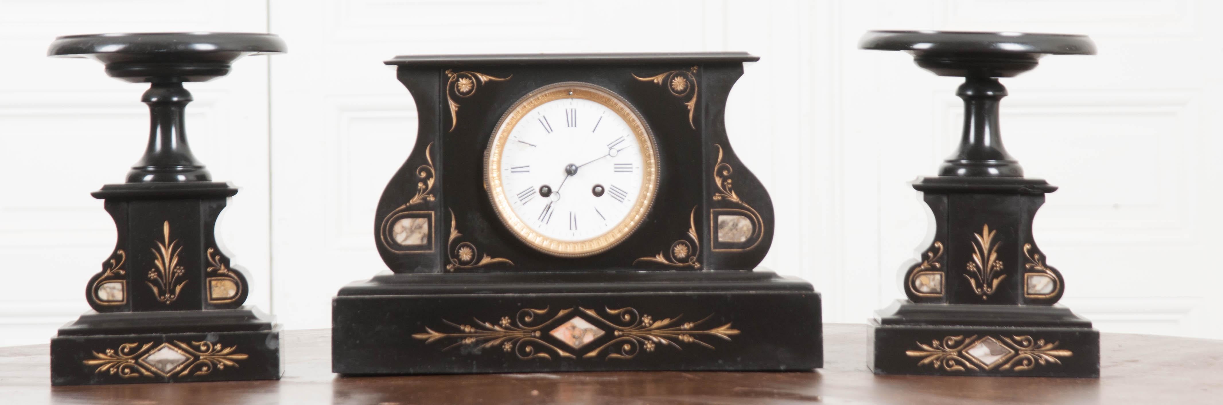 Marble French 19th Century Aesthetic Movement Three-Piece Clock Garniture