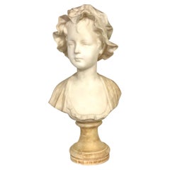 Antique French 19th Century Alabaster Sculpture of a Young Girl with a Bonnet