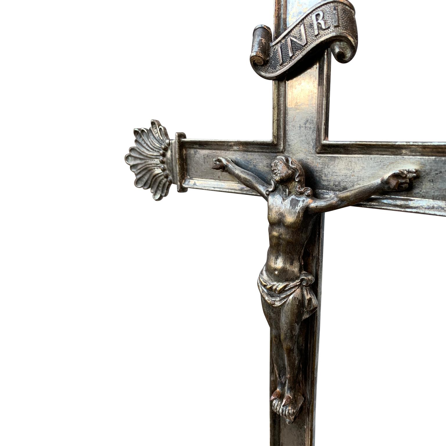 Cast French 19th Century Altar Silvered Alter Crucifix