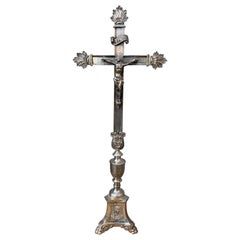Antique French 19th Century Altar Silvered Alter Crucifix