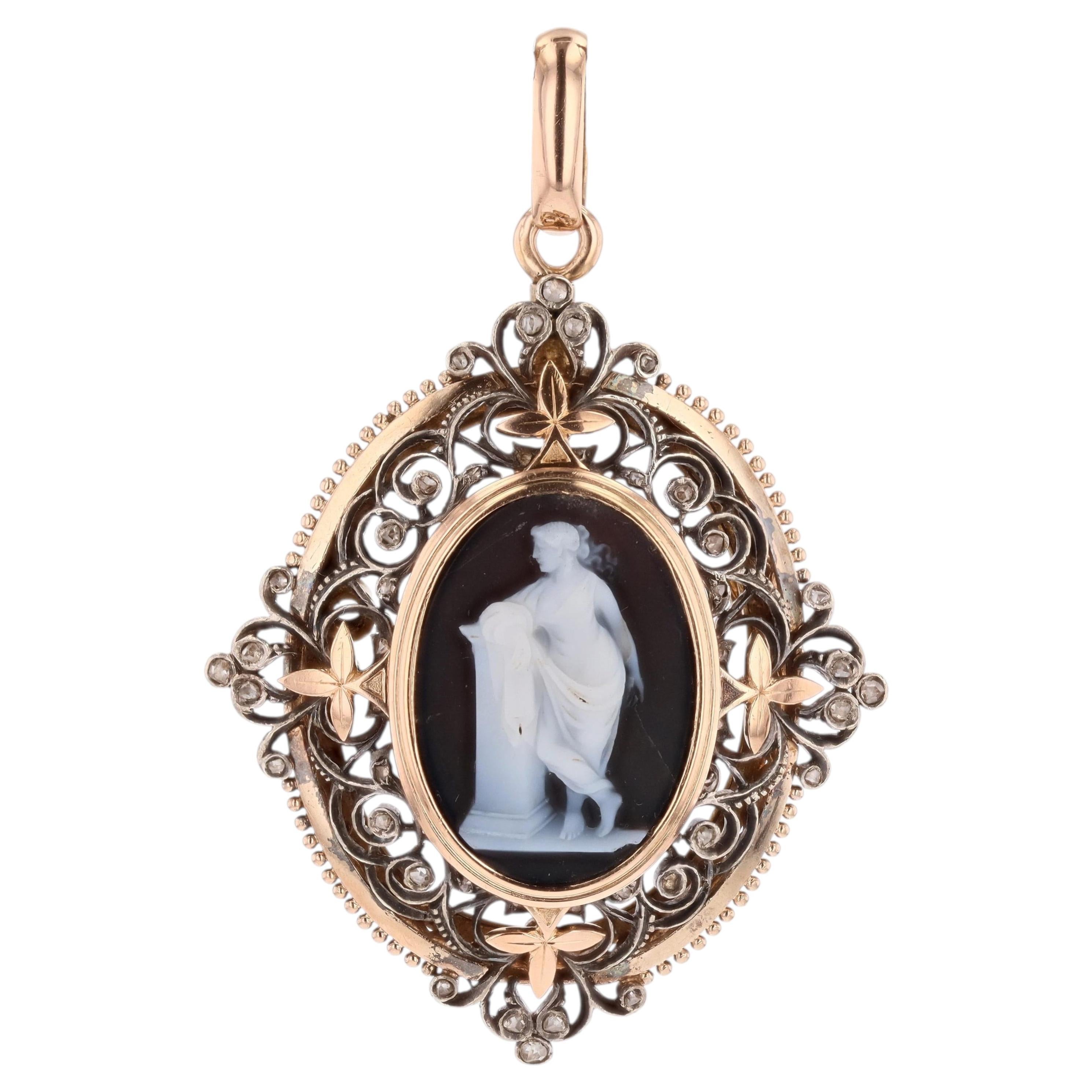 French 19th Century Antique Cameo 18 Karat Rose Gold Diamond Pendant Brooch