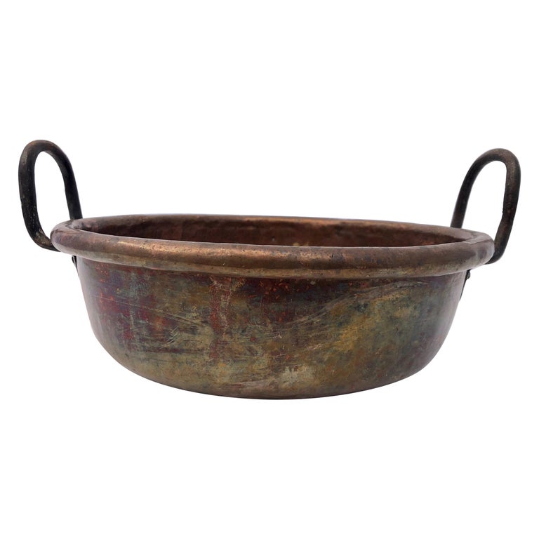 French 19th Century Antique Copper Preserving Pan with Tall Wrought Iron Handles For Sale