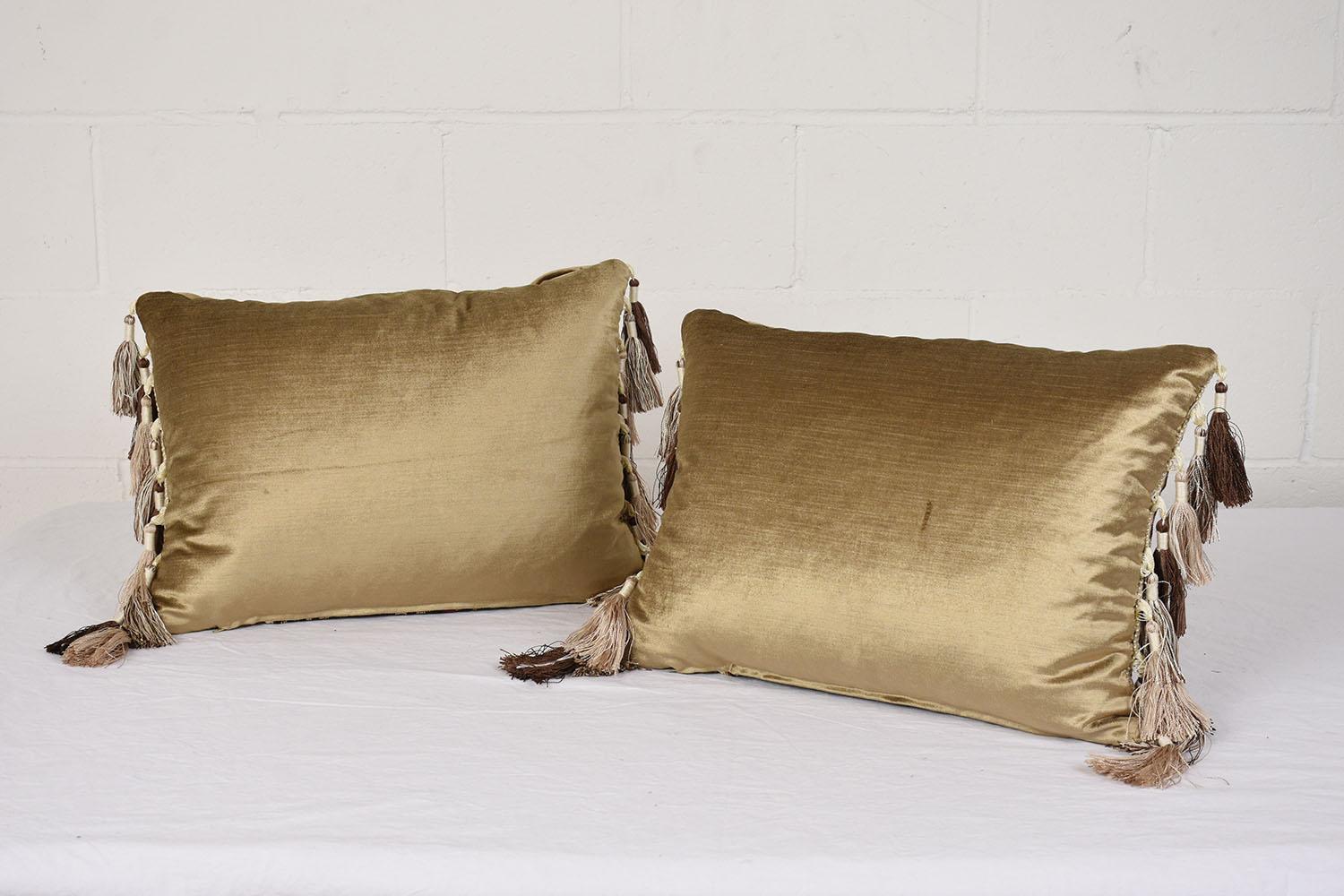 Embroidered 19th-Century French Antique Floral Tapestry Pillows with Gold Velvet and Tassels For Sale