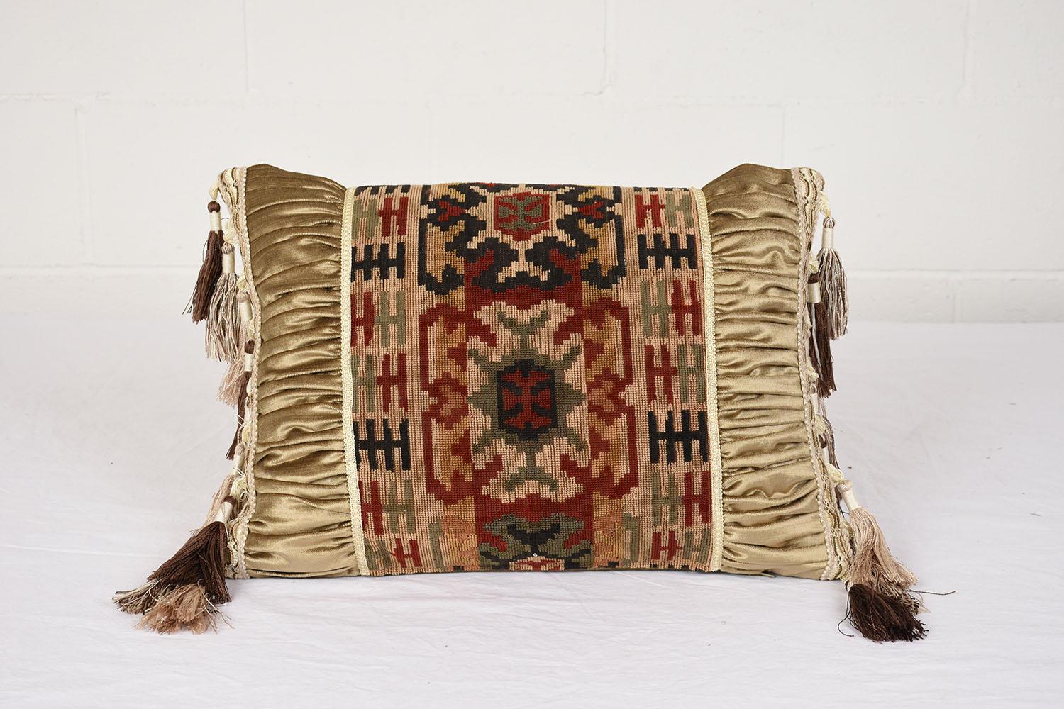 Early 20th Century 19th-Century French Antique Floral Tapestry Pillows with Gold Velvet and Tassels For Sale