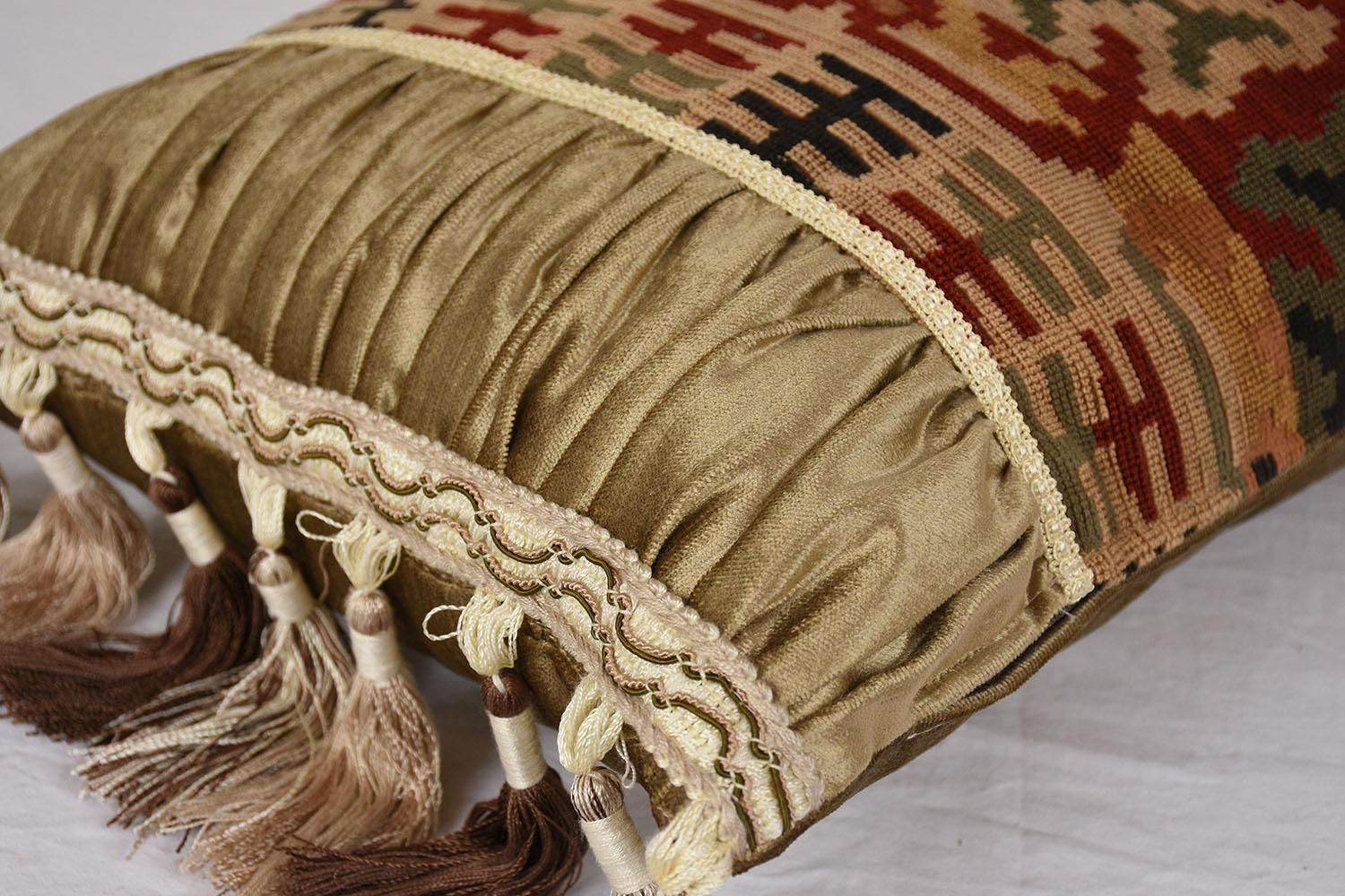 19th-Century French Antique Floral Tapestry Pillows with Gold Velvet and Tassels For Sale 1