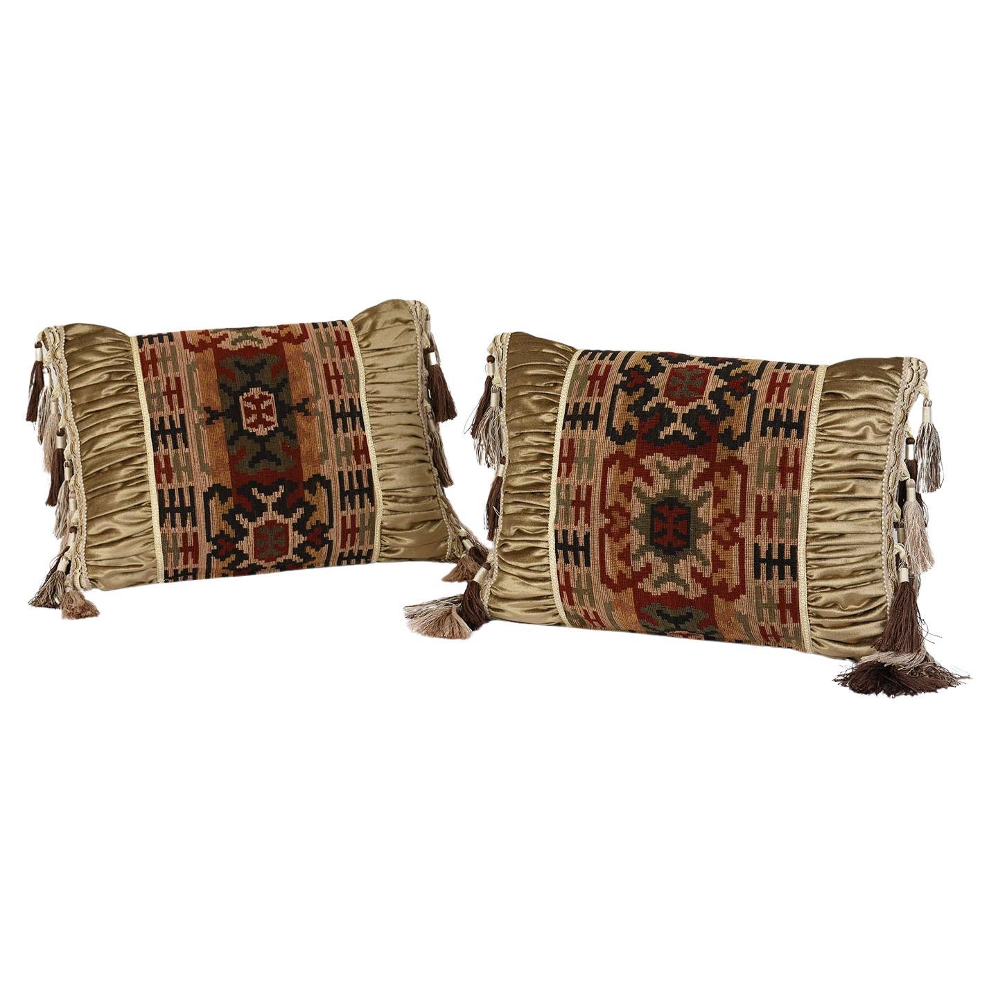 19th-Century French Antique Floral Tapestry Pillows with Gold Velvet and Tassels For Sale