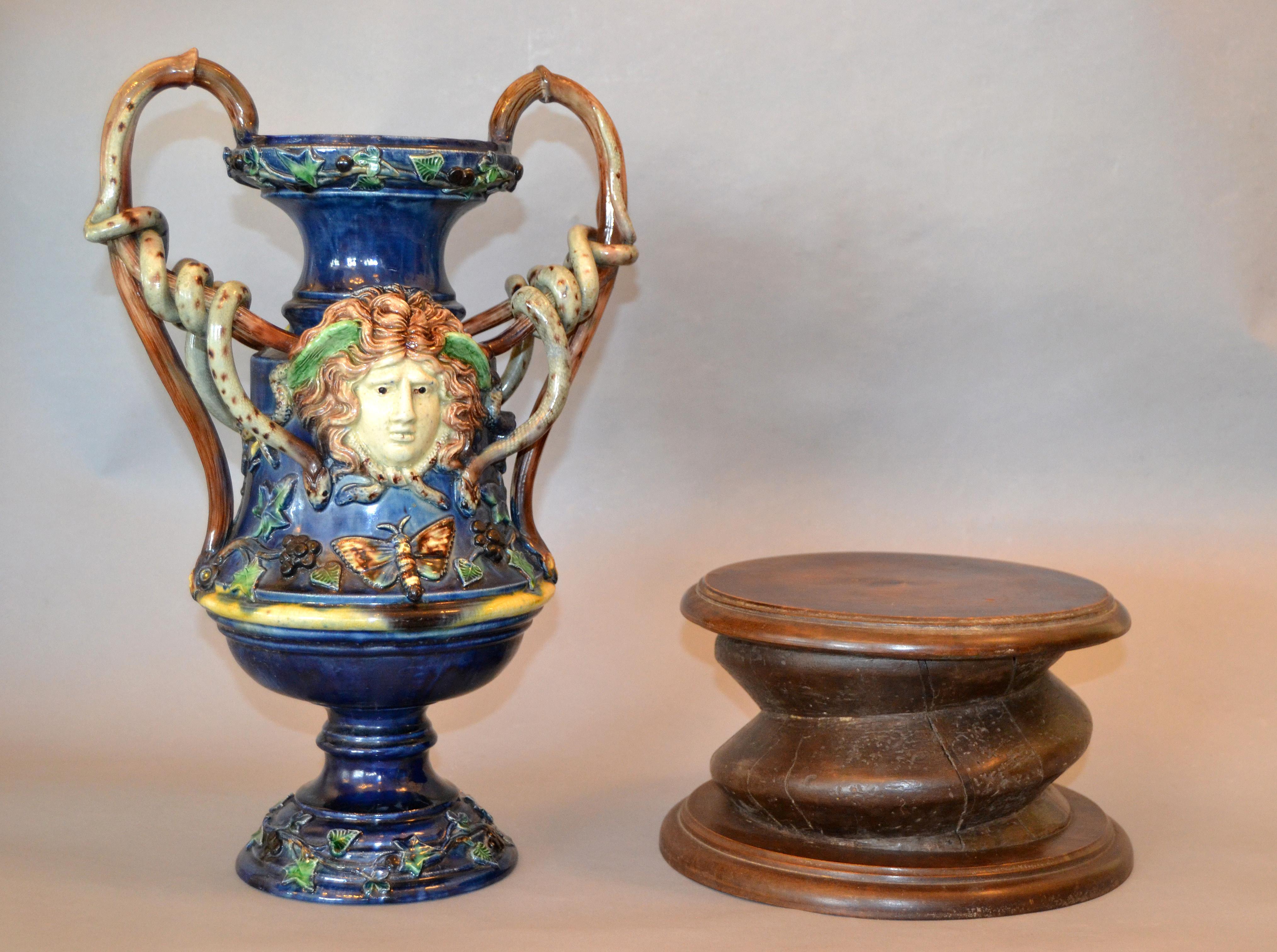 Neoclassical French 19th Century Antique Hand Painted Ceramic Vase Wine Decanter Wooden Riser For Sale