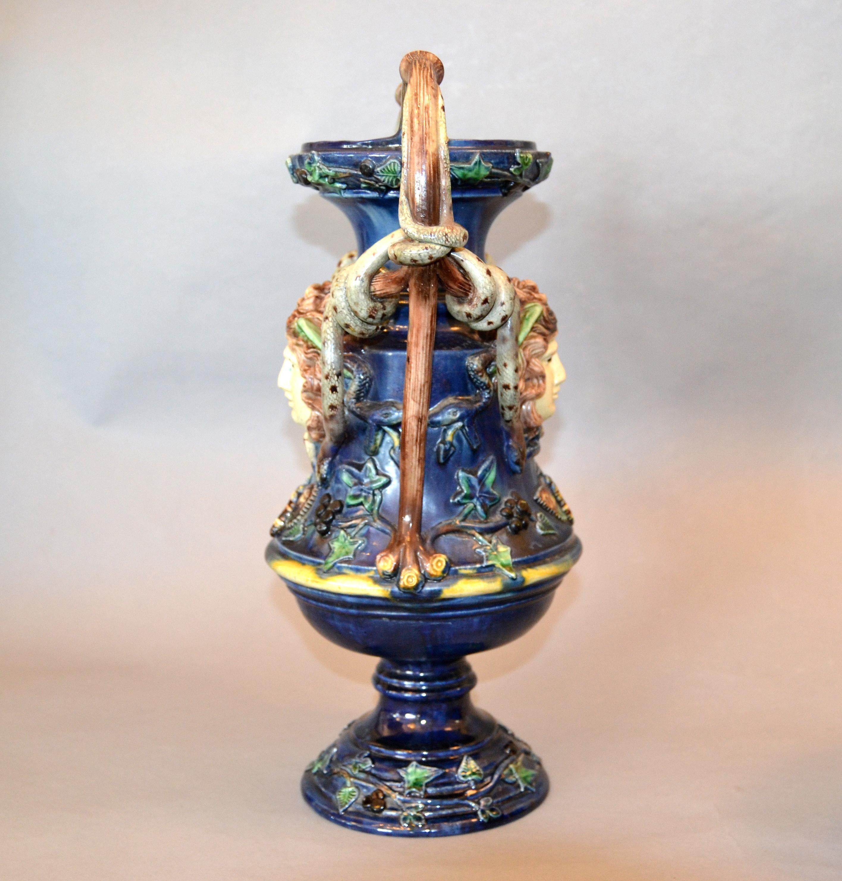 Hand-Painted French 19th Century Antique Hand Painted Ceramic Vase Wine Decanter Wooden Riser For Sale