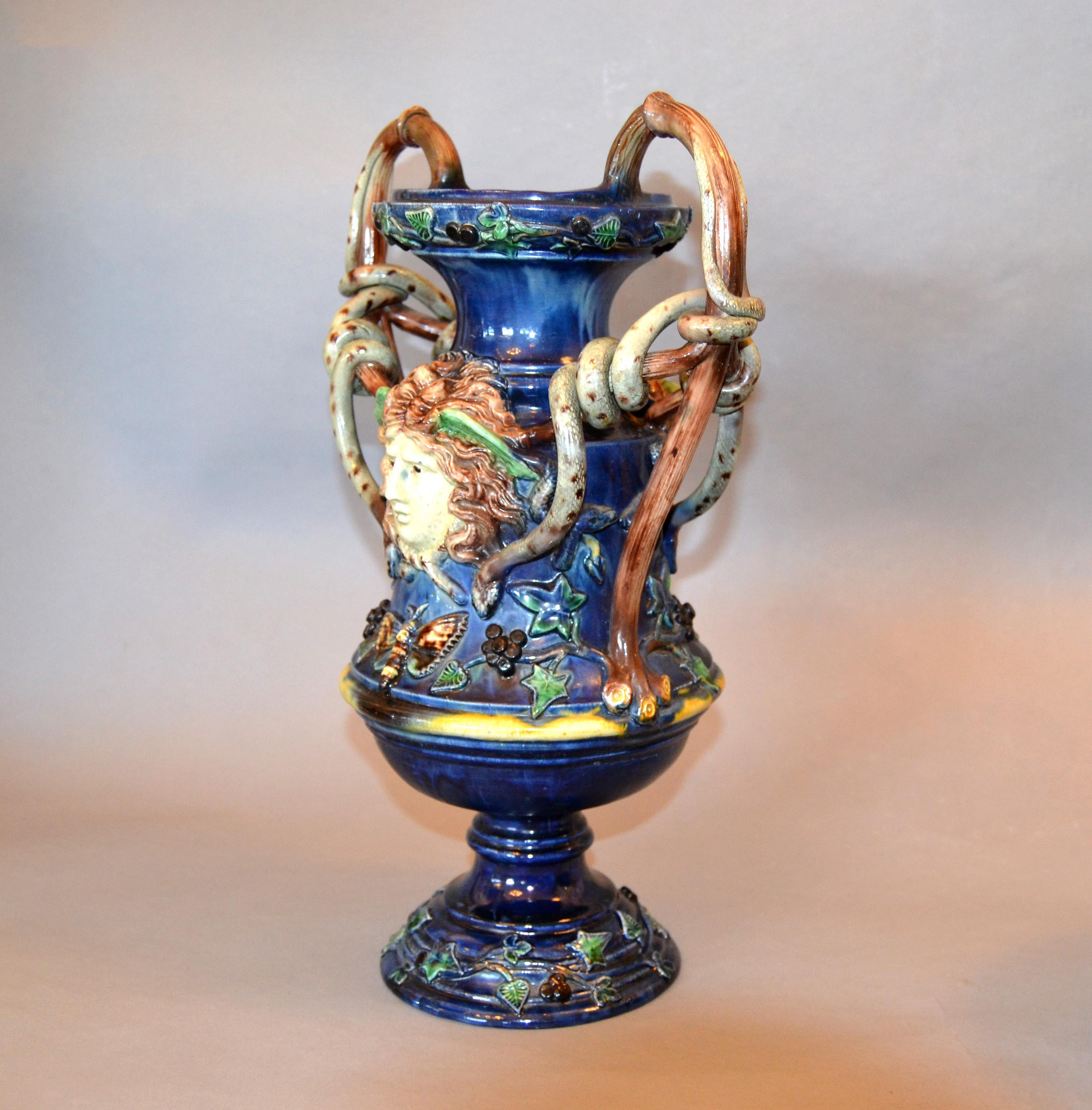 French 19th Century Antique Hand Painted Ceramic Vase Wine Decanter Wooden Riser For Sale 1