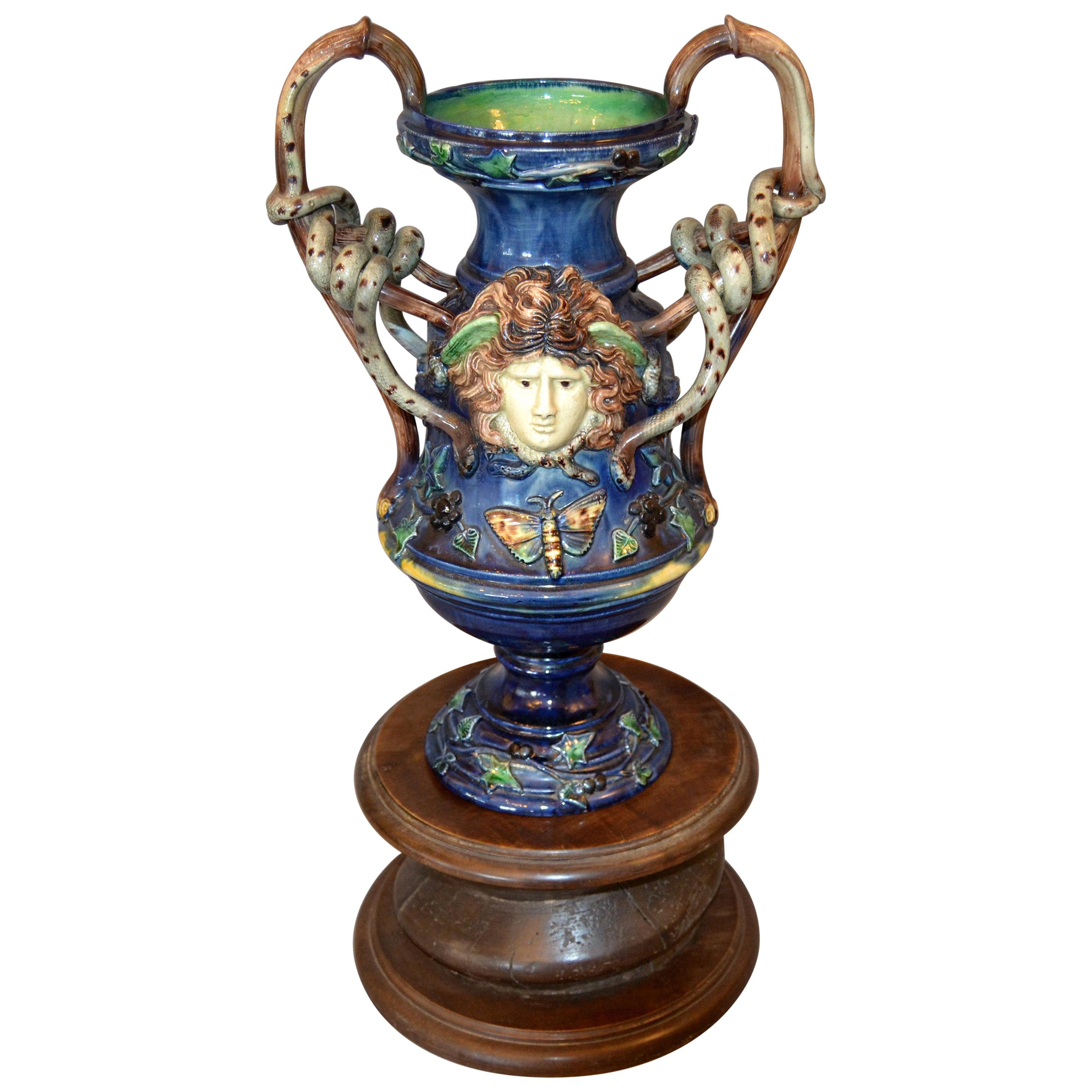French 19th Century Antique Hand Painted Ceramic Vase Wine Decanter Wooden Riser For Sale