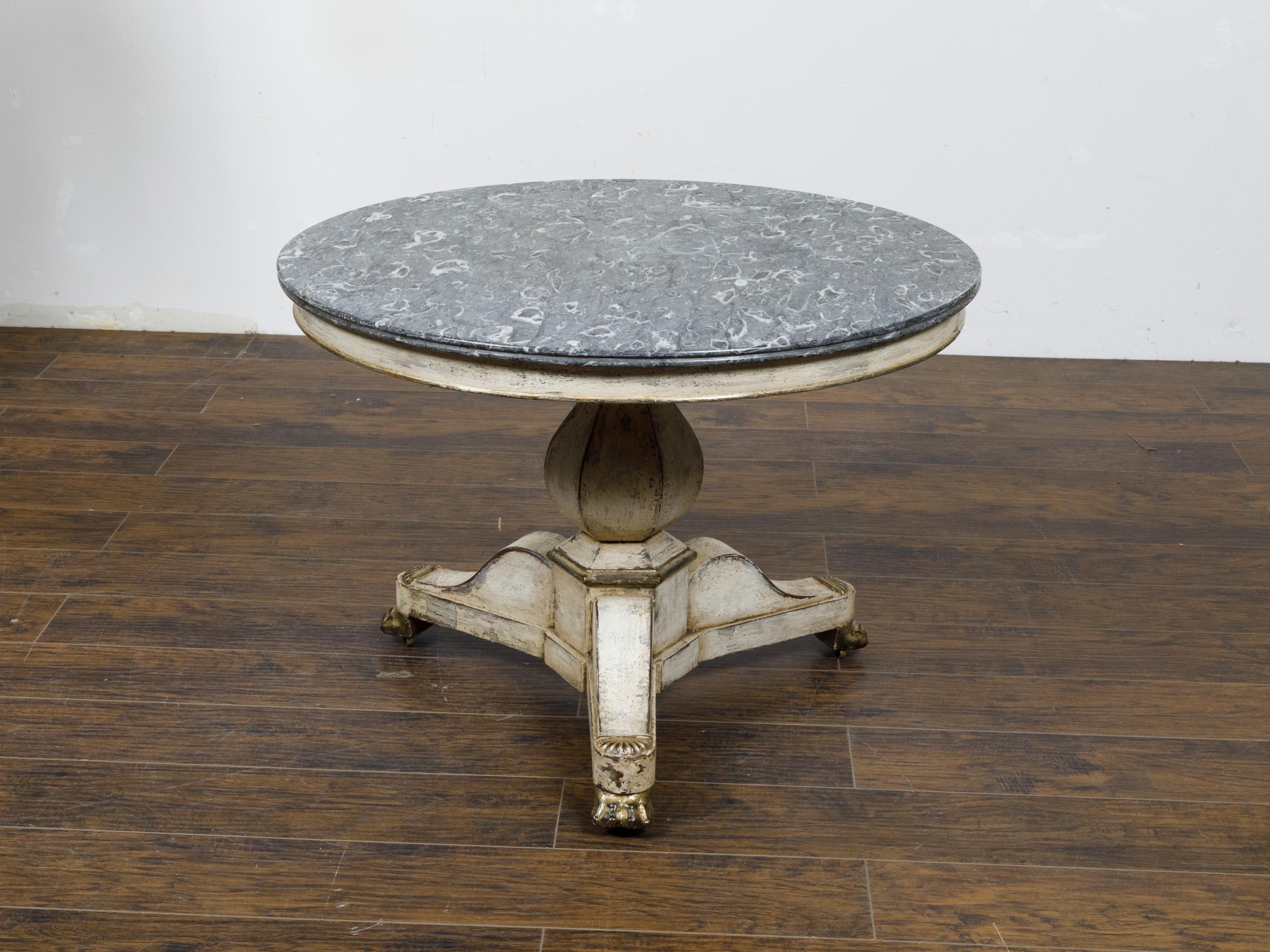 Carved French 19th Century Antique White Painted Pedestal Table with Gray Marble Top  For Sale