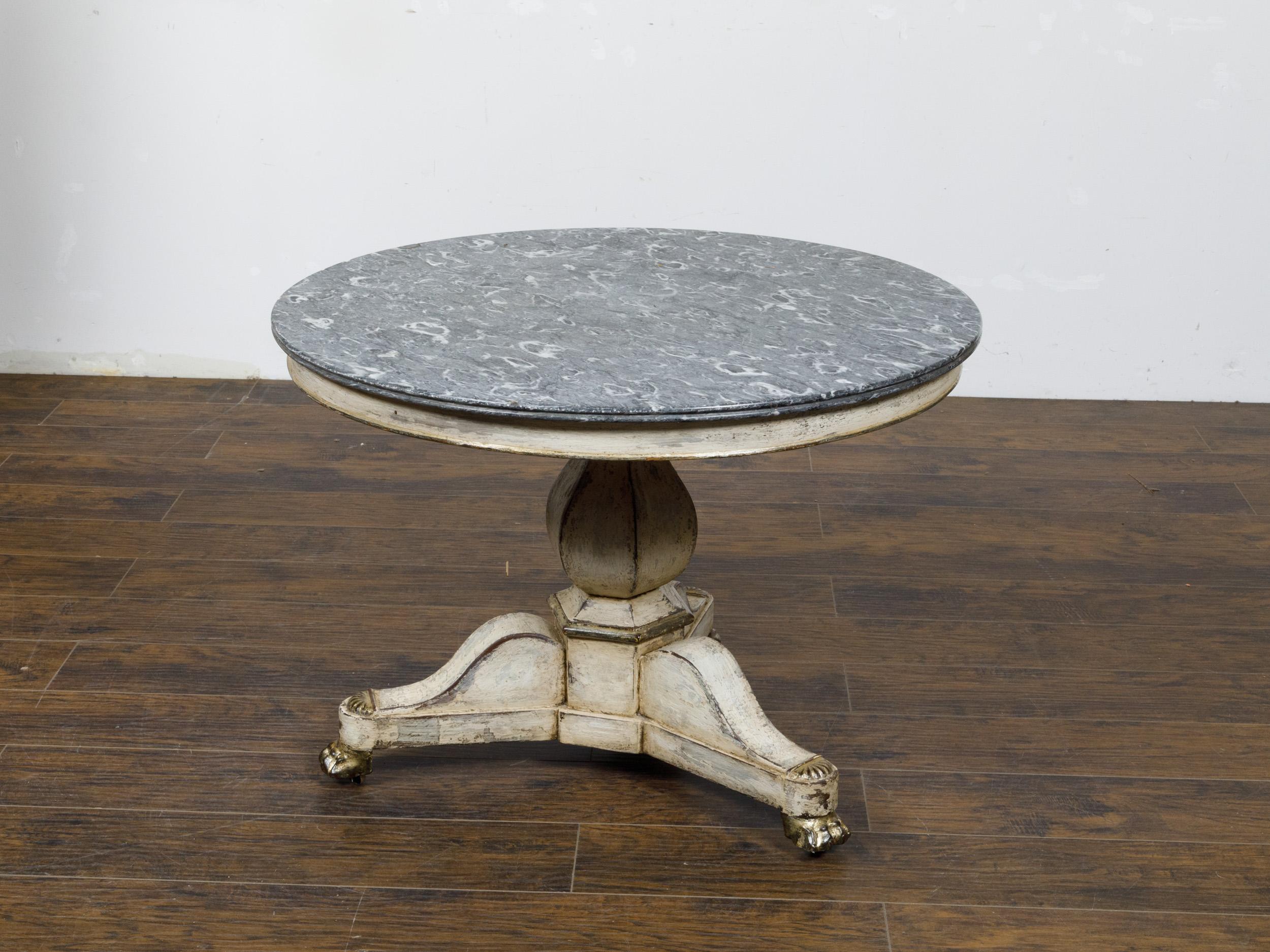 French 19th Century Antique White Painted Pedestal Table with Gray Marble Top  In Good Condition For Sale In Atlanta, GA