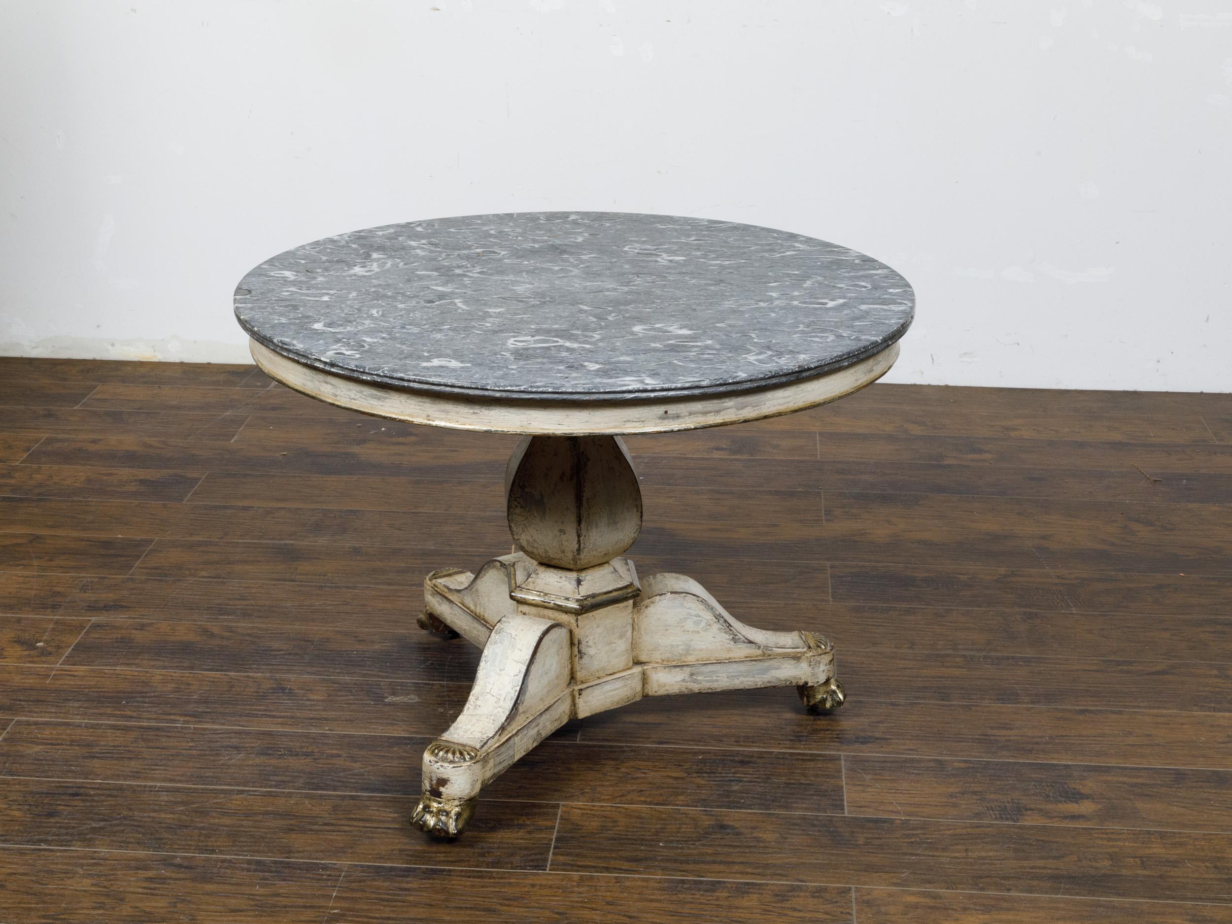 French 19th Century Antique White Painted Pedestal Table with Gray Marble Top  For Sale 1