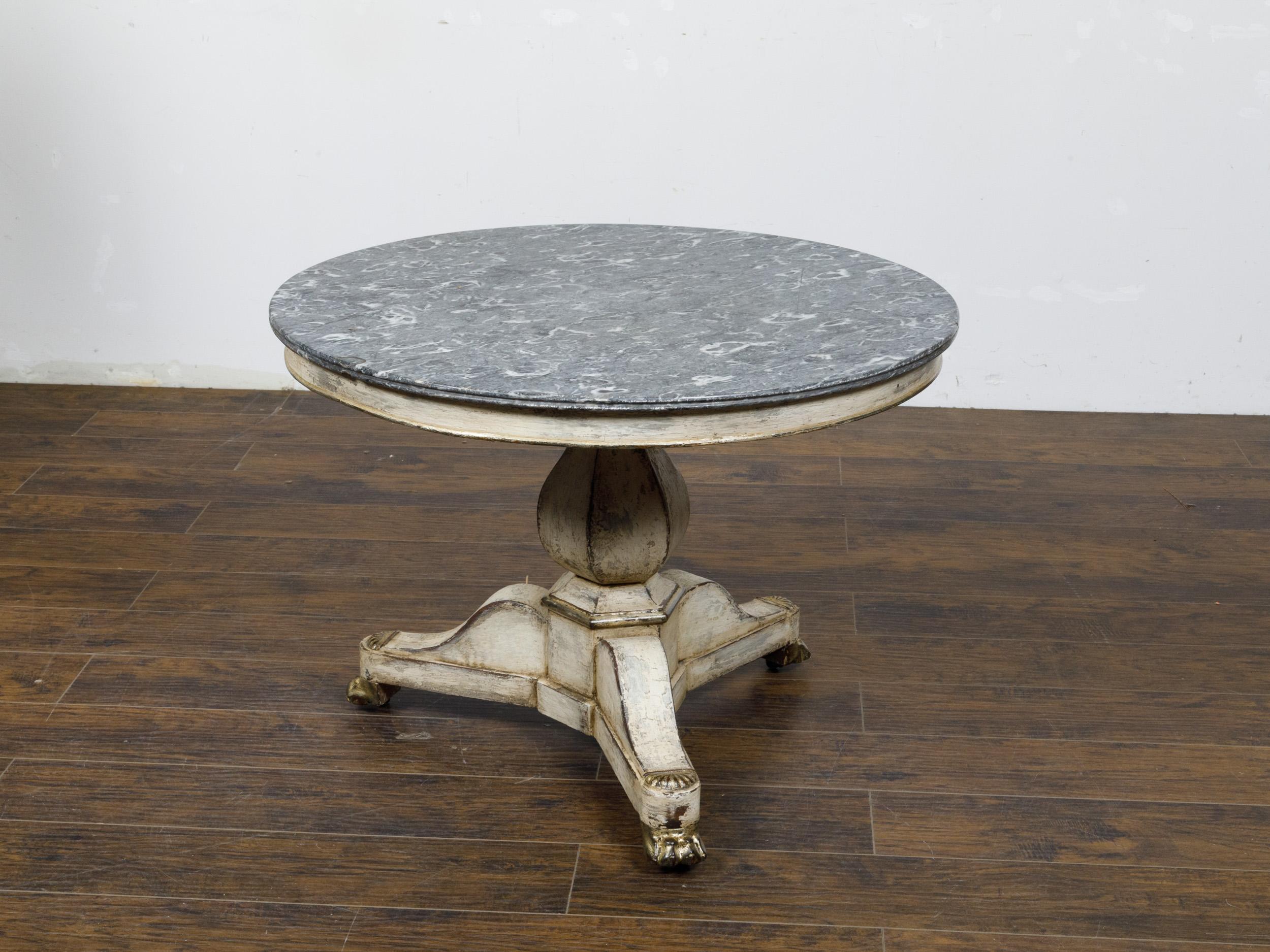 French 19th Century Antique White Painted Pedestal Table with Gray Marble Top  For Sale 2