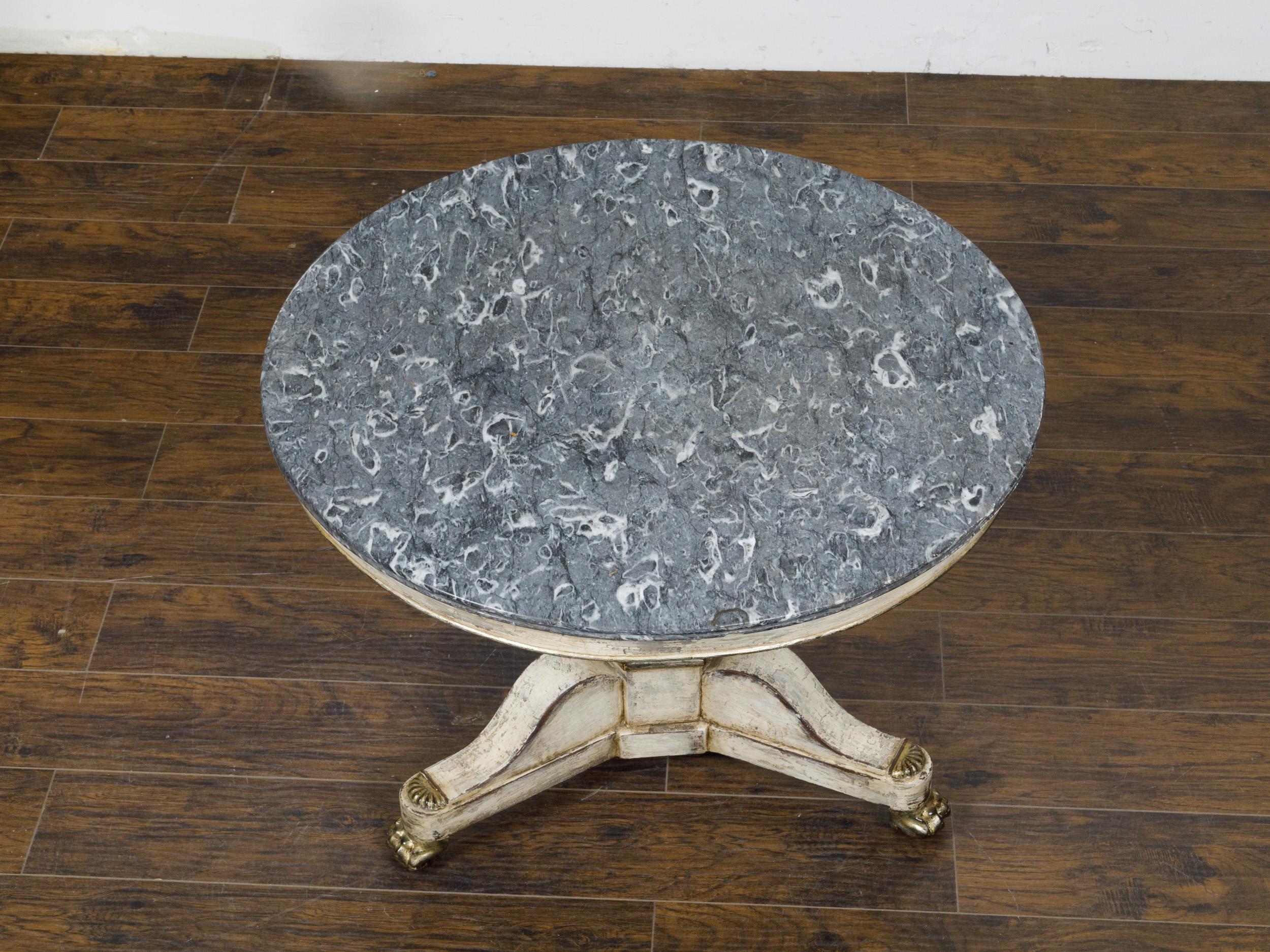 French 19th Century Antique White Painted Pedestal Table with Gray Marble Top  For Sale 3