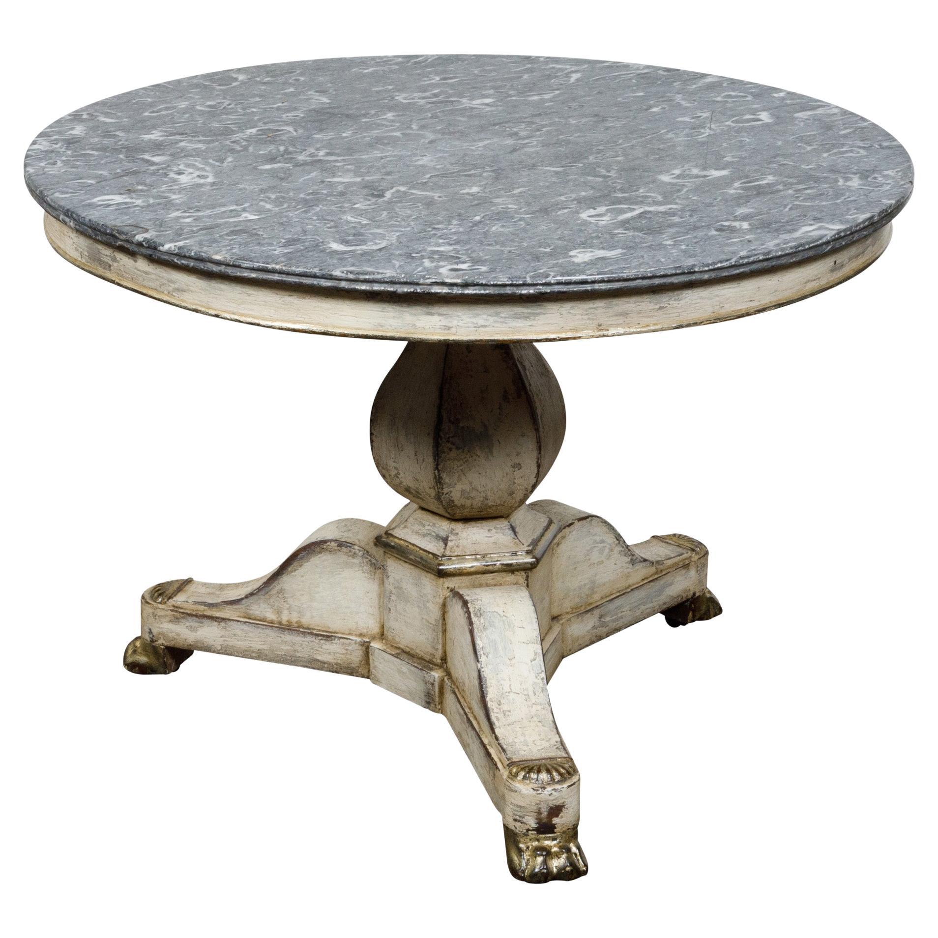French 19th Century Antique White Painted Pedestal Table with Gray Marble Top 