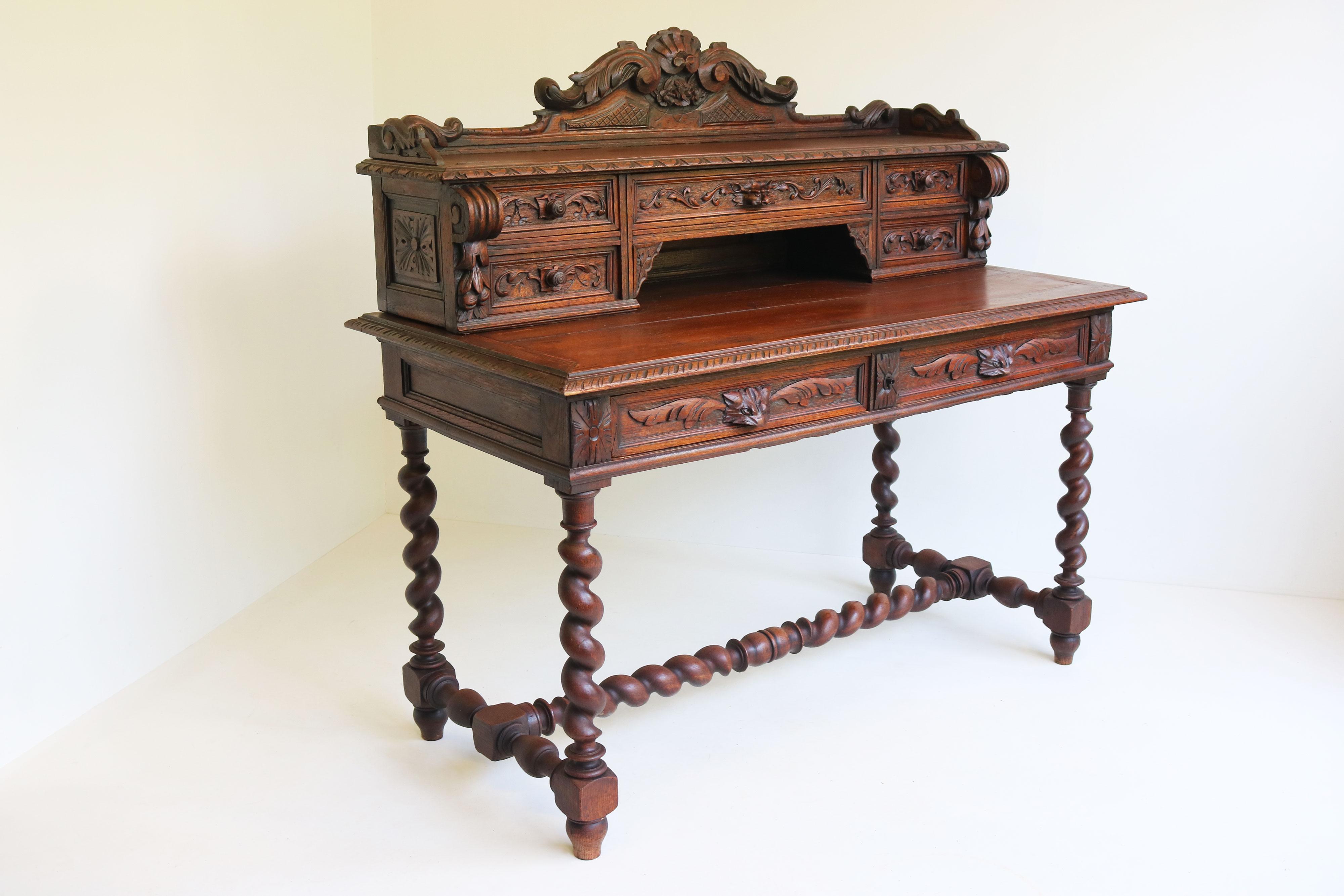 French 19th century antique writing desk Black Forest hunt Renaissance revival For Sale 4
