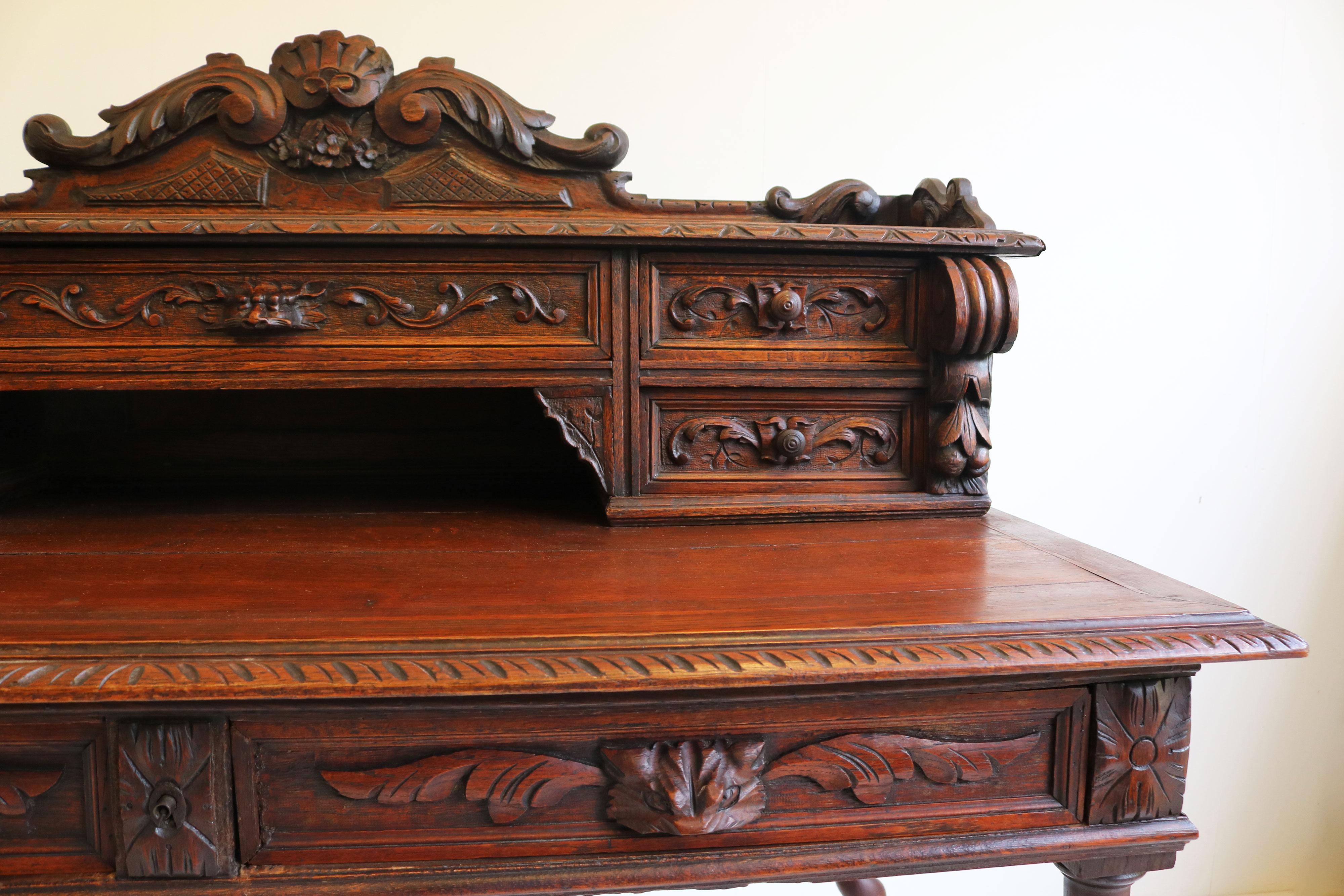 Oak French 19th century antique writing desk Black Forest hunt Renaissance revival For Sale