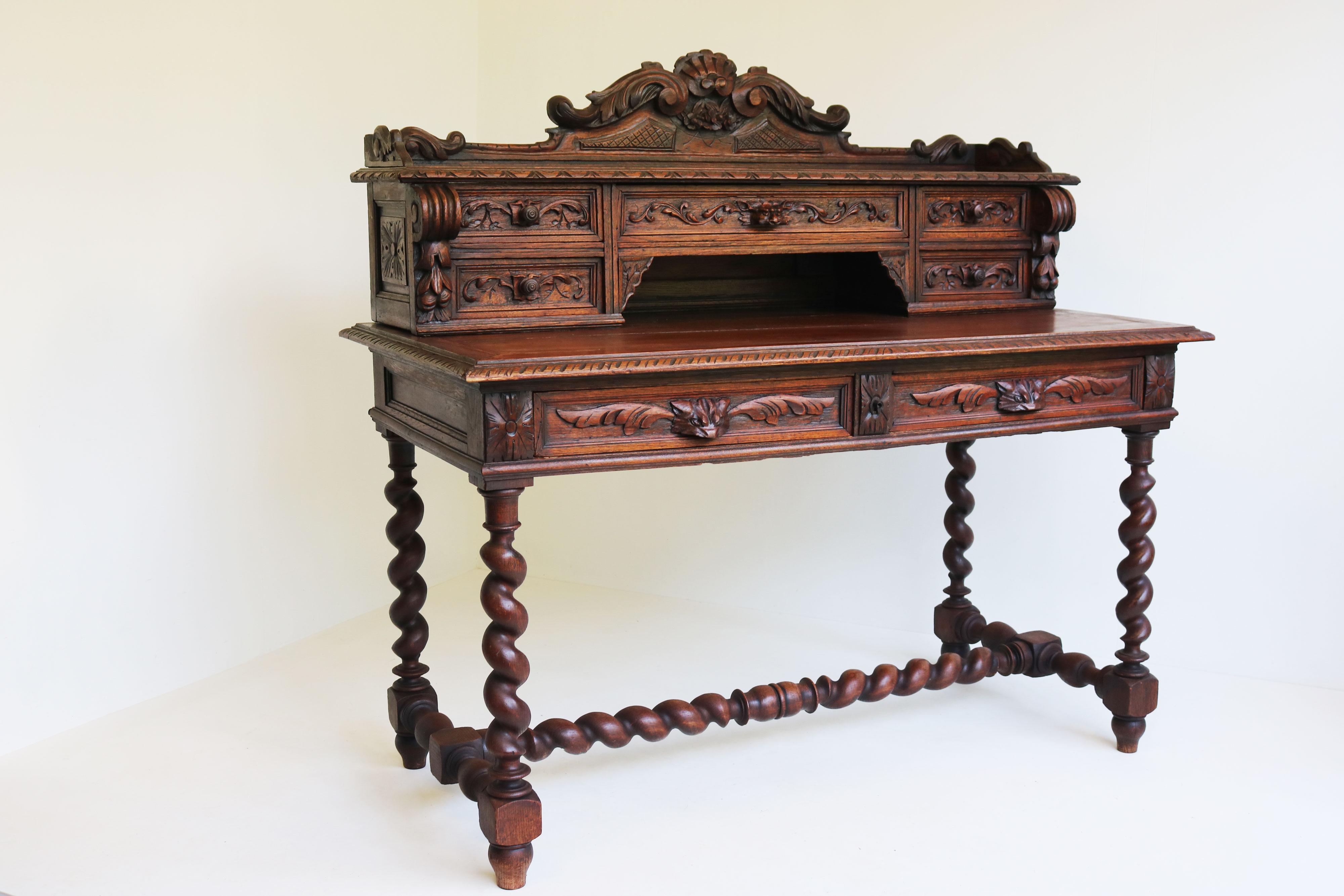 French 19th century antique writing desk Black Forest hunt Renaissance revival For Sale 2