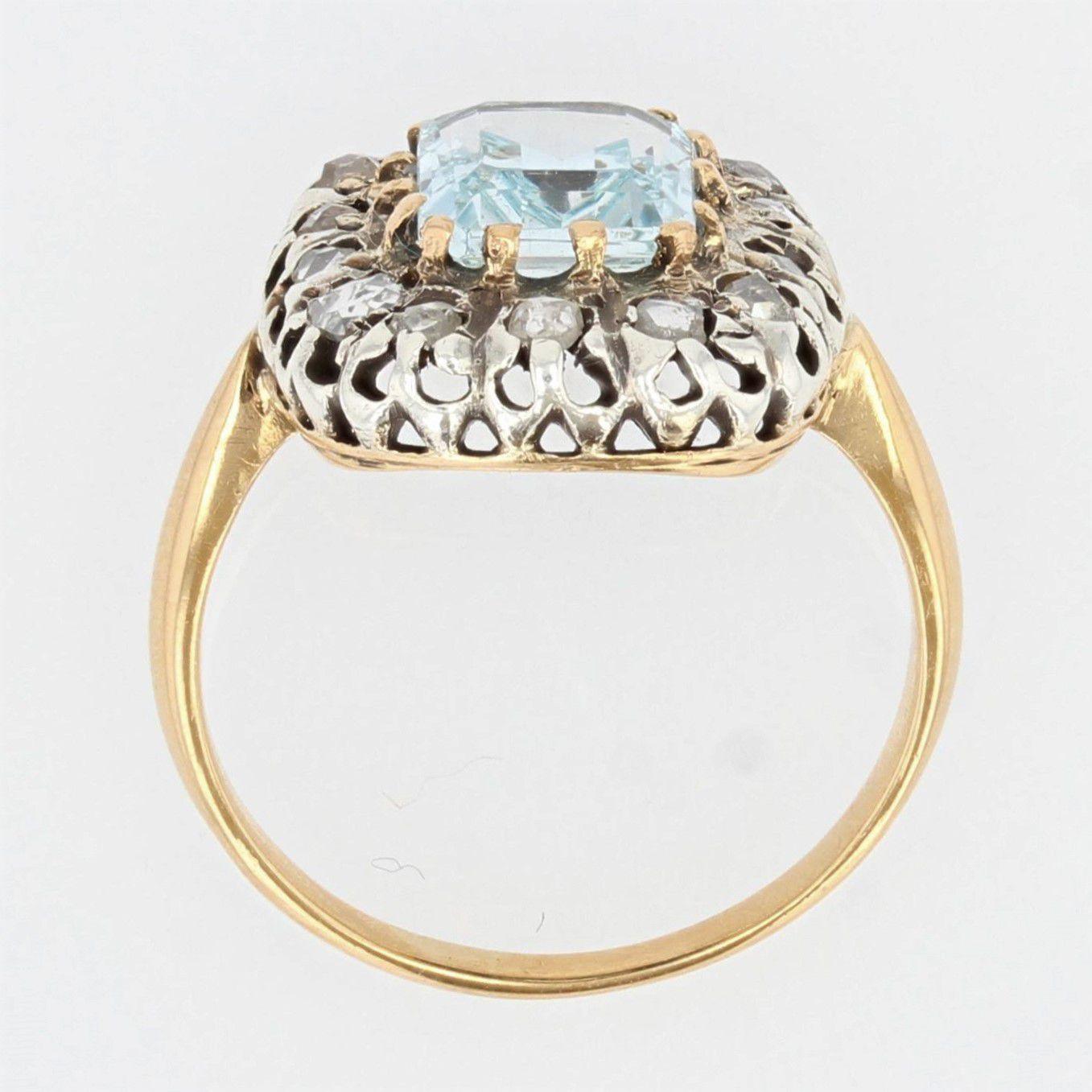 French 19th Century Aquamarine Diamonds 18 Karat Yellow Gold Ring For Sale 4