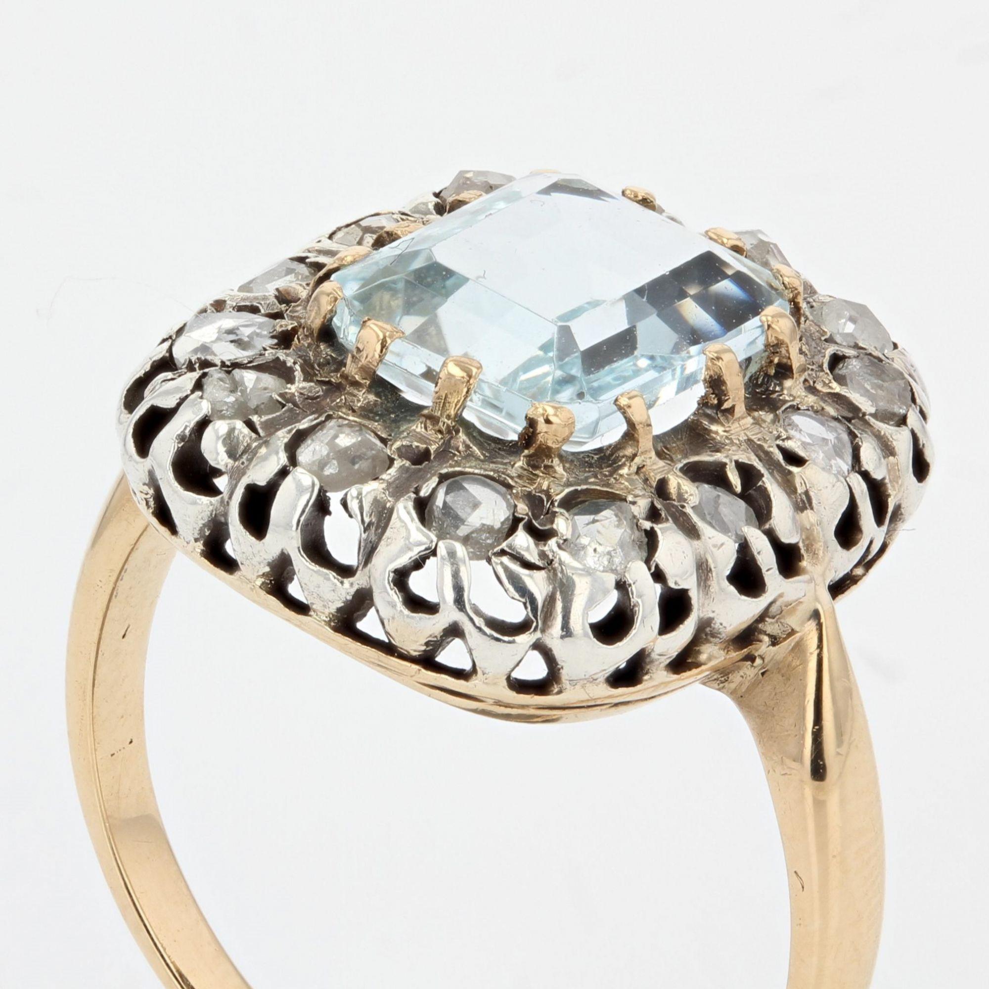French 19th Century Aquamarine Diamonds 18 Karat Yellow Gold Ring For Sale 1