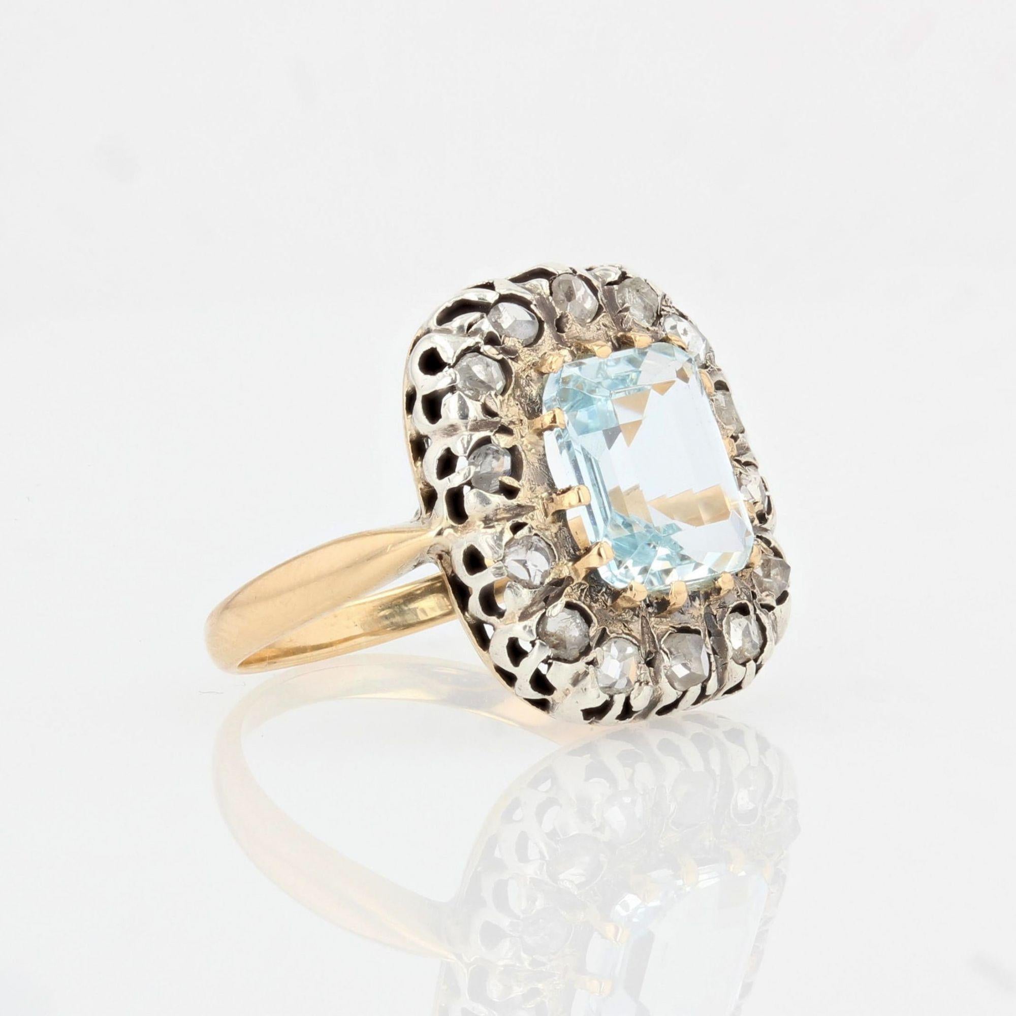 French 19th Century Aquamarine Diamonds 18 Karat Yellow Gold Ring For Sale 2