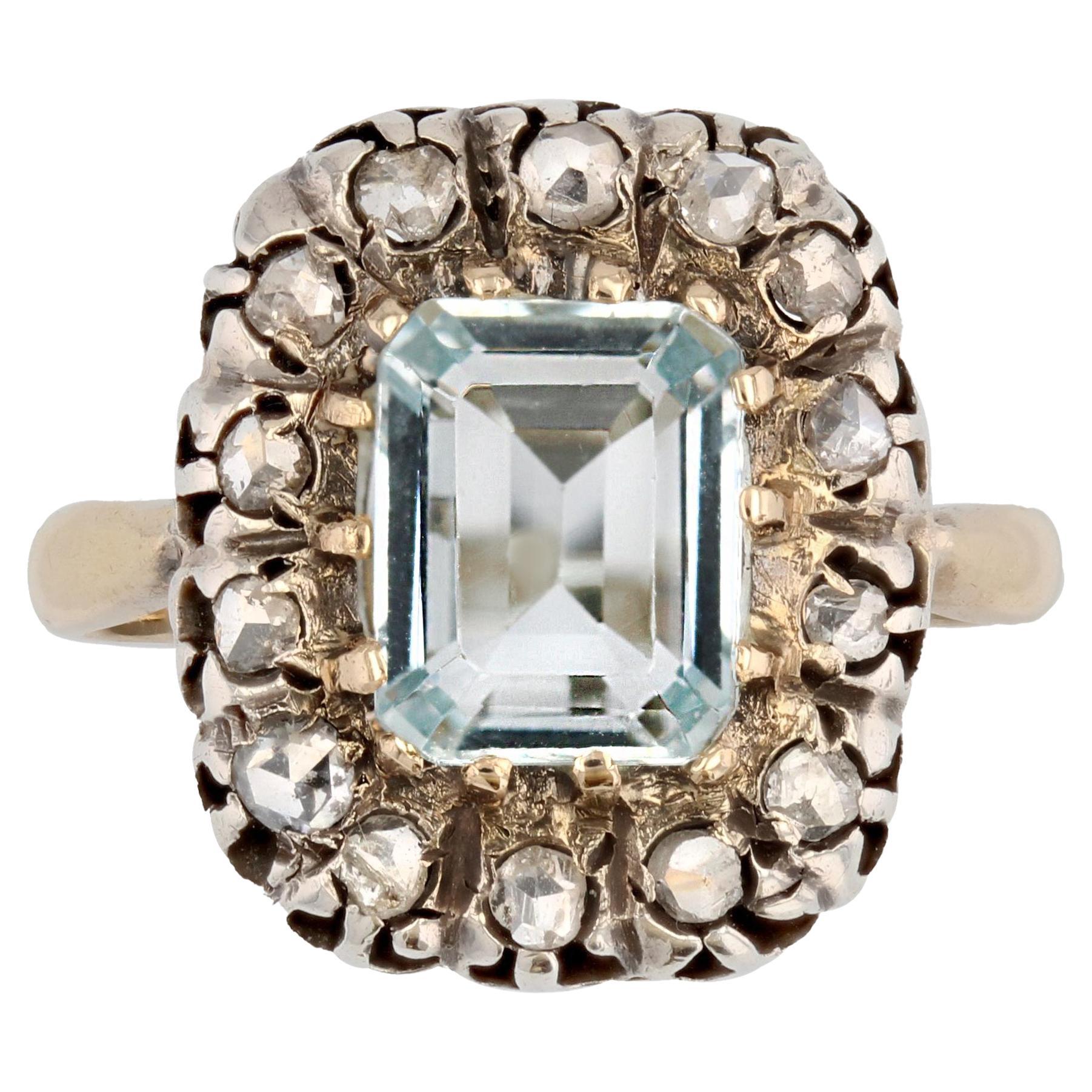 Anillo Francés Siglo XIX Aguamarina Diamantes Oro Amarillo 18 Kilates en venta